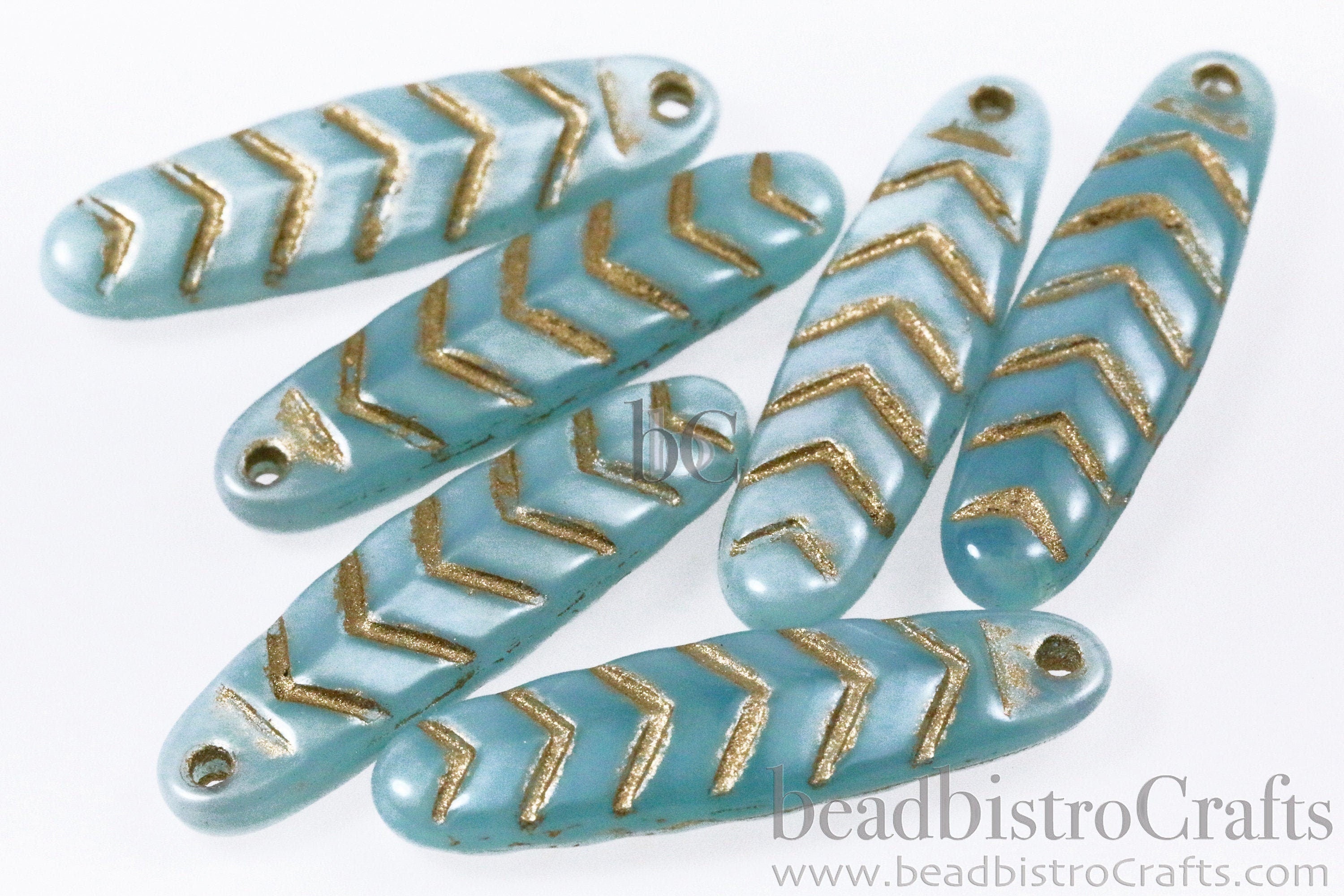 2pcs CHEVRON DAGGERS * Original Czech Glass Bead - Aqua Blue OPAL Silk / Gold Wash - 30x9mm Dagger Beads - front drill