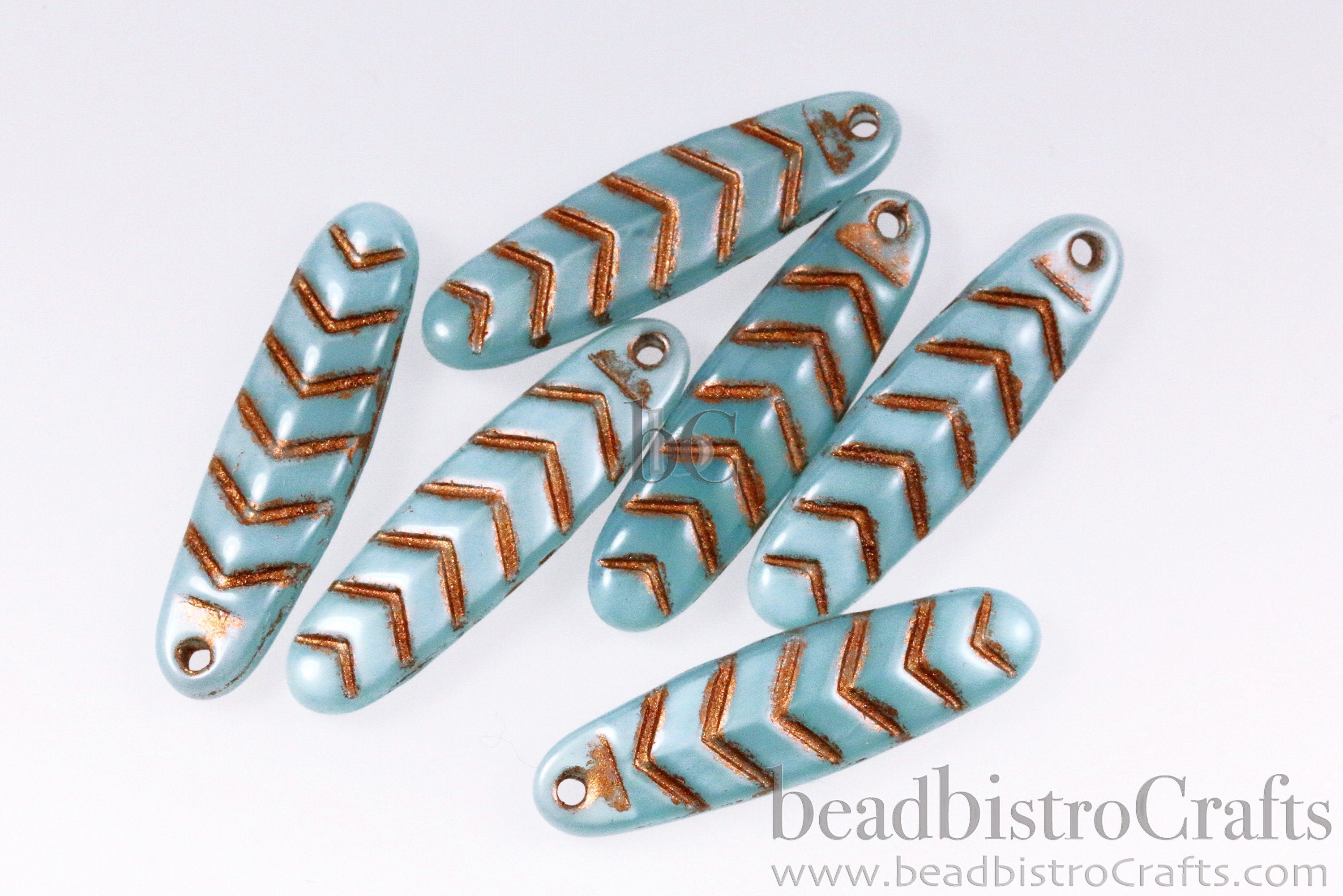 2pcs CHEVRON DAGGERS * Original Czech Glass Bead - Aqua Blue OPAL Silk / Copper Wash - 30x9mm Dagger Beads - front drill