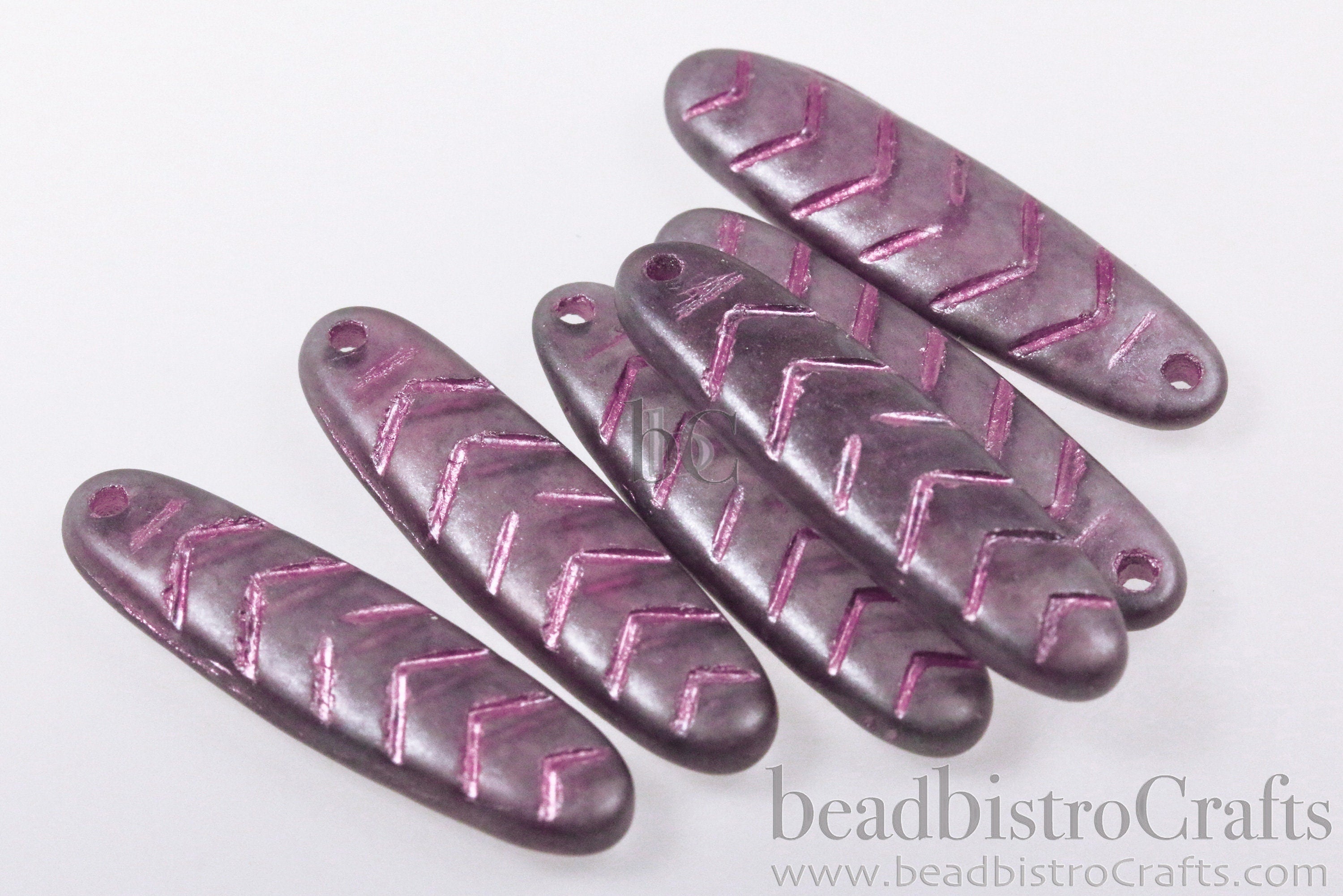 2pcs CHEVRON DAGGERS * Original Czech Glass Bead - Matted Transparent GRAPE Lustered / Metallic Pink - 30x9mm Dagger Beads - front drill