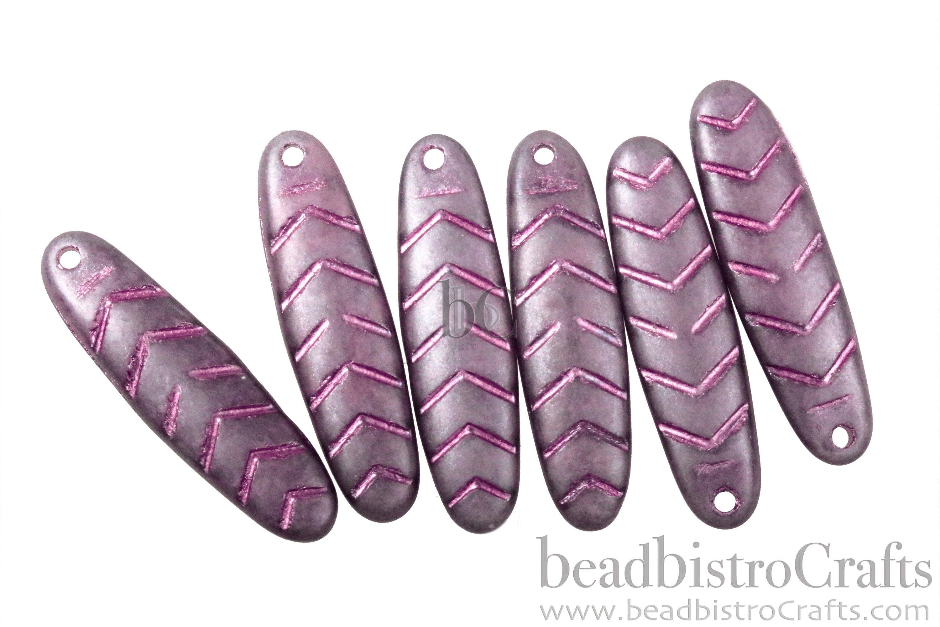 2pcs CHEVRON DAGGERS * Original Czech Glass Bead - Matted Transparent GRAPE Lustered / Metallic Pink - 30x9mm Dagger Beads - front drill