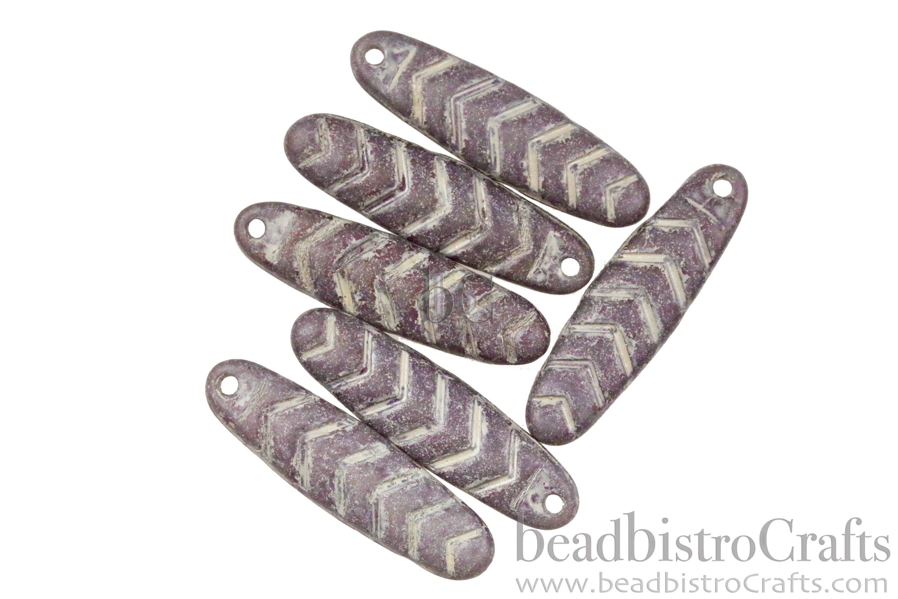 2pcs CHEVRON DAGGERS * Original Czech Glass Bead - Matted Ruby Lustered Opal / ANTIQUE White - 30x9mm Dagger Beads - front drill