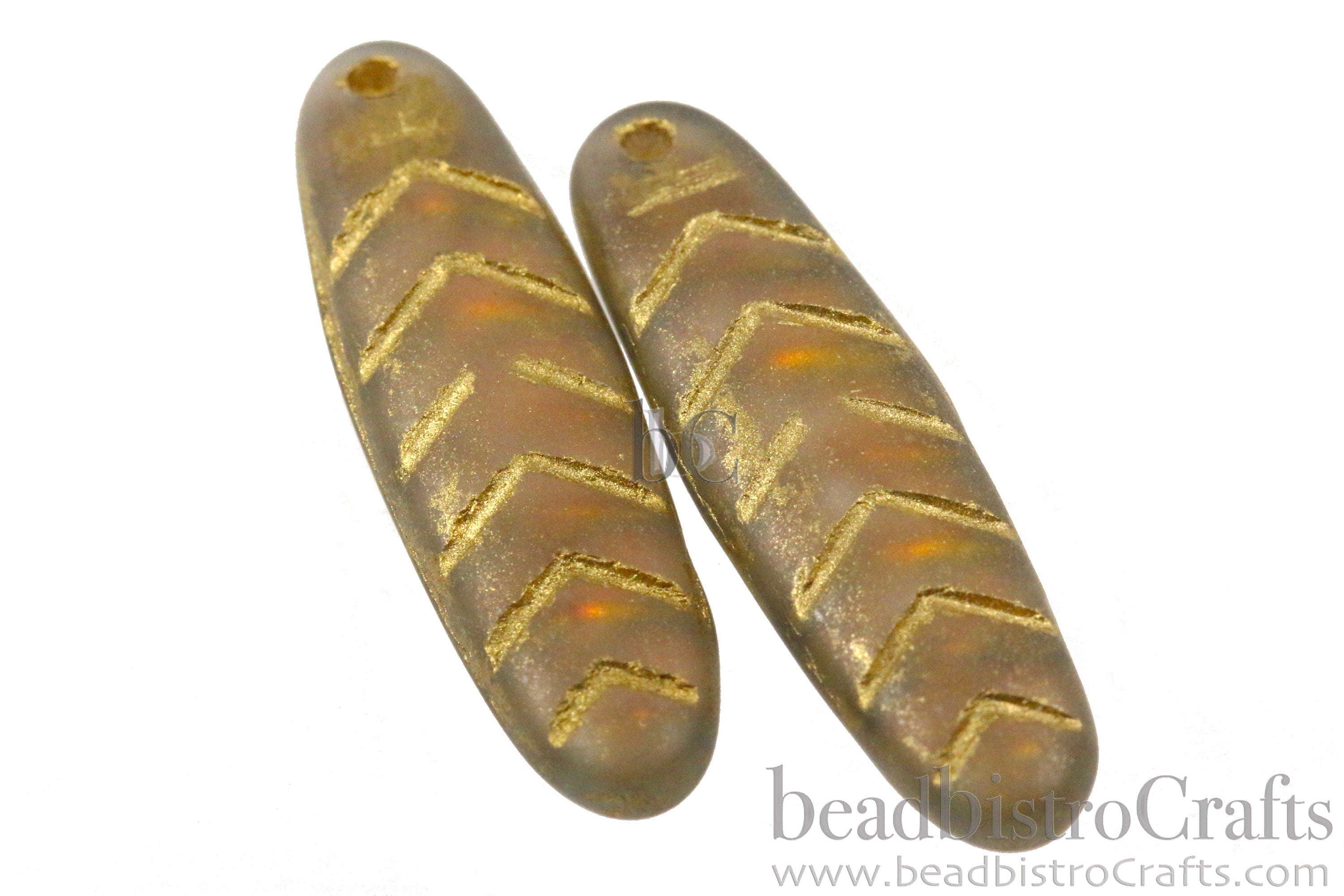 2pcs CHEVRON DAGGERS * Original Czech Glass Bead - Frosted HONEY Back Glow / Metallic Gold Wash - 30x9mm Dagger Beads - front drill