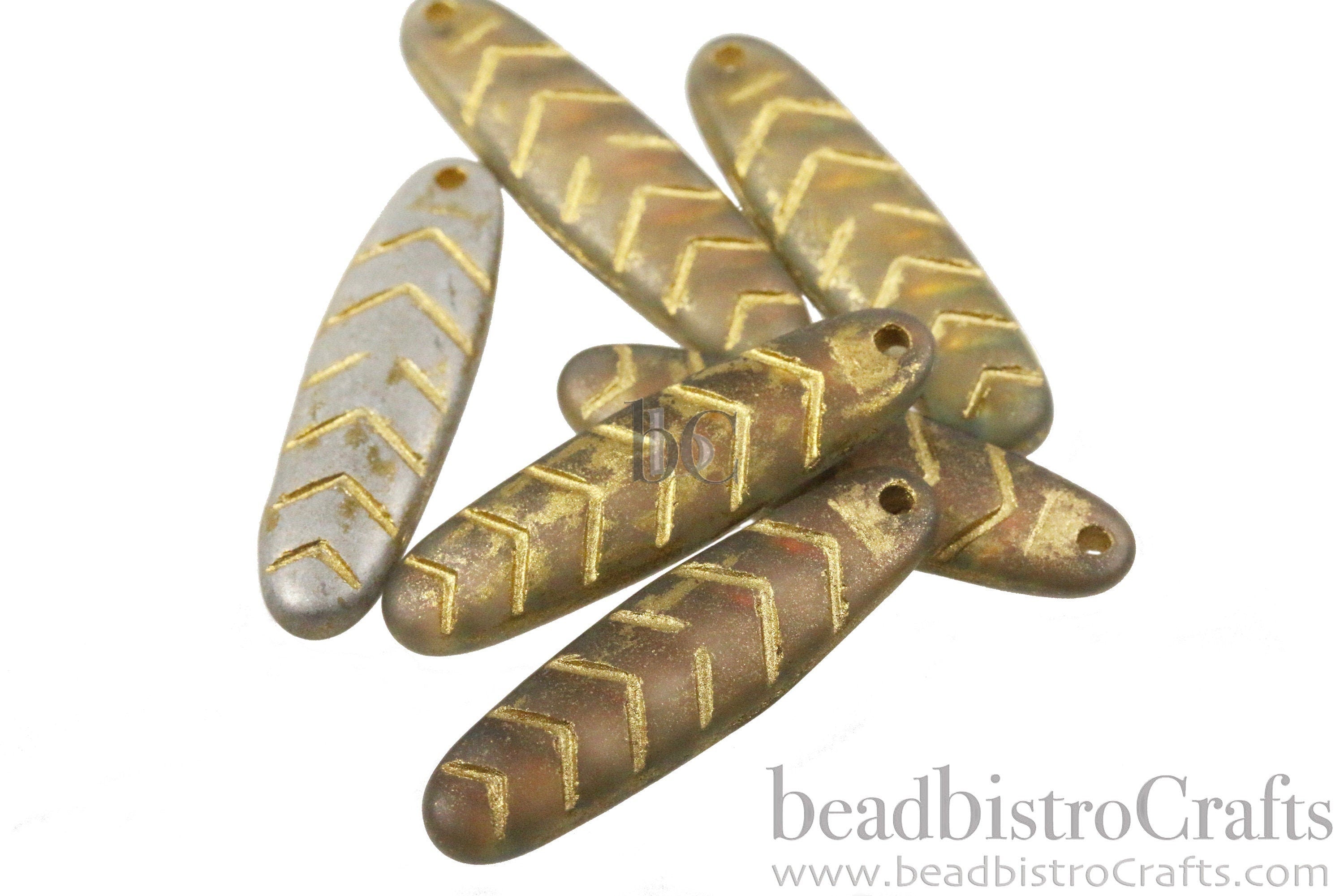 2pcs CHEVRON DAGGERS * Original Czech Glass Bead - Frosted HONEY Back Glow / Metallic Gold Wash - 30x9mm Dagger Beads - front drill