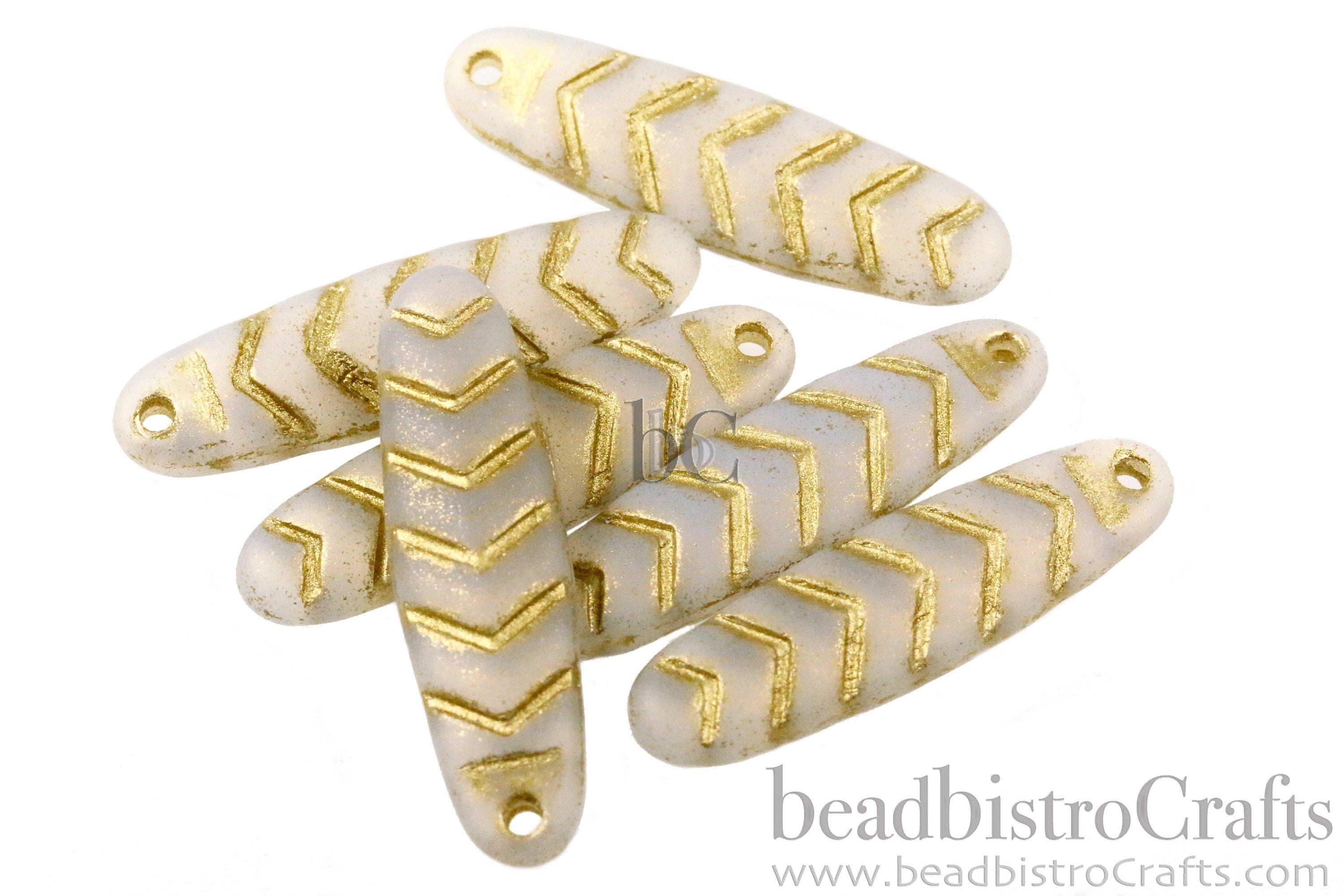 2pcs CHEVRON DAGGERS * Original Czech Glass Bead - FROSTED White Opal Matte / Metallic Gold Wash - 30x9mm Dagger Beads - front drill