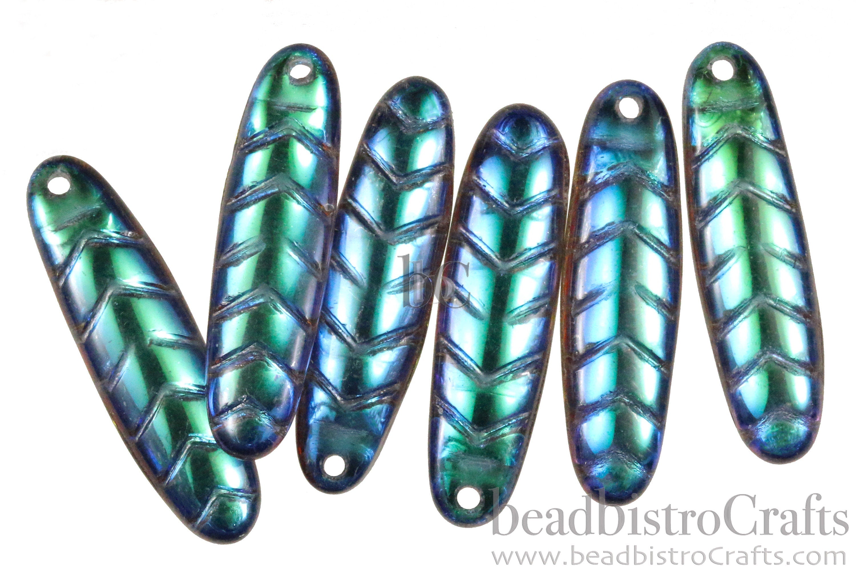 2pcs CHEVRON DAGGERS * Original Czech Glass Bead - Crystal PEACOCK Back Glow - 30x9mm Dagger Beads - front drill - 0.9mm hole