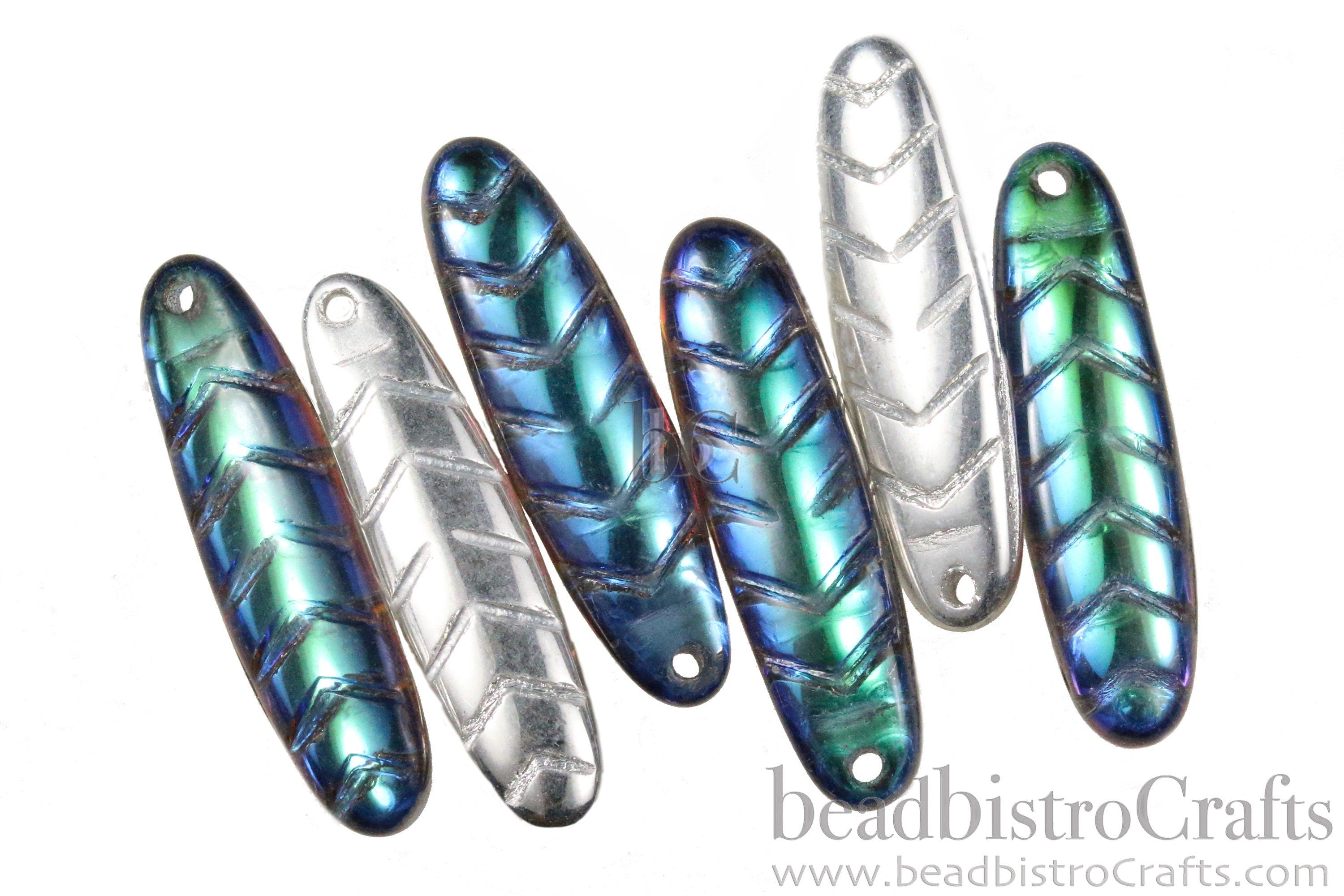 2pcs CHEVRON DAGGERS * Original Czech Glass Bead - Crystal PEACOCK Back Glow - 30x9mm Dagger Beads - front drill - 0.9mm hole