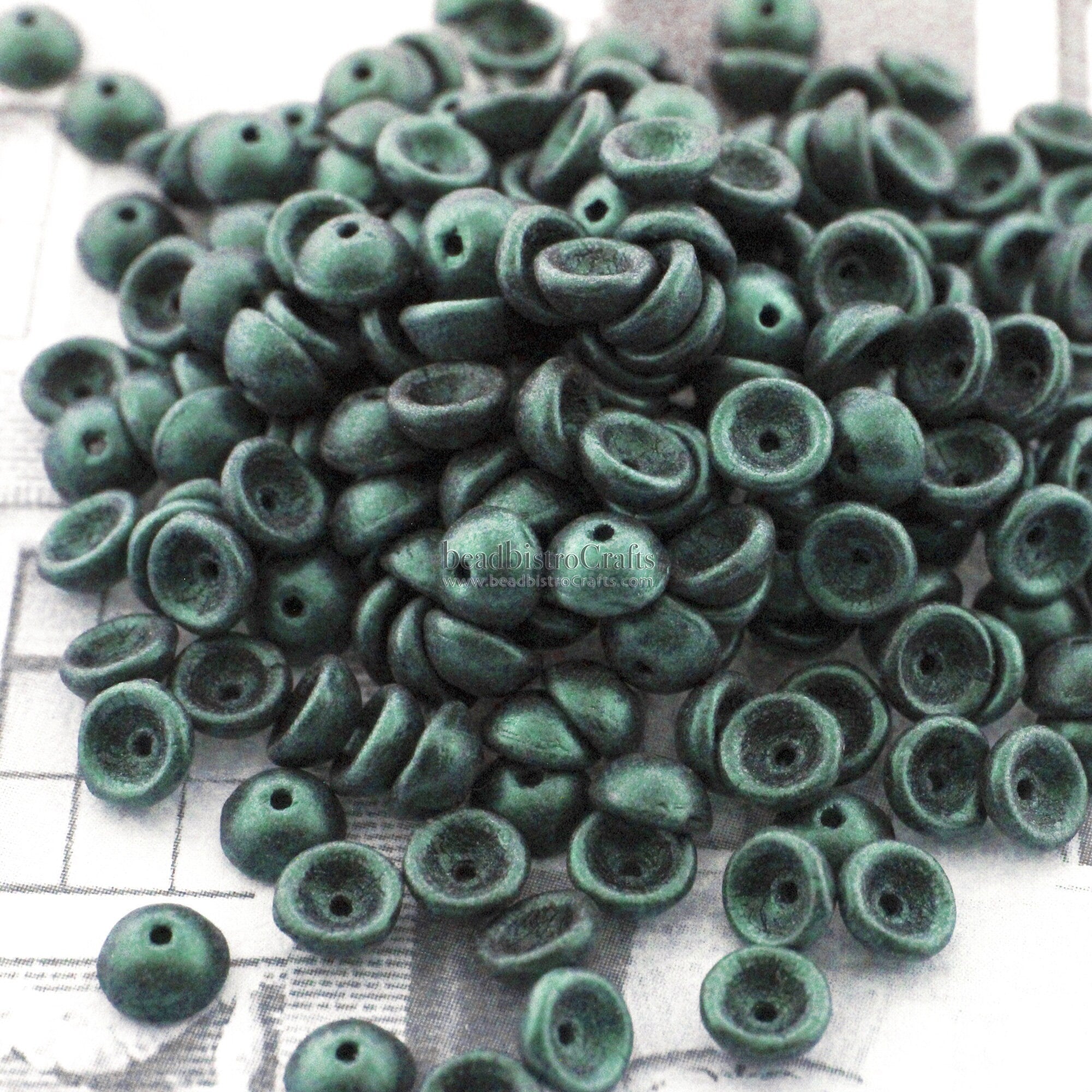 100pcs * NEW TeaCup bead 2x4mm Czech glass tea cup bead - METALLIC SUEDE Light Green - Matte Metallic green - 4mm glass bead cap beads