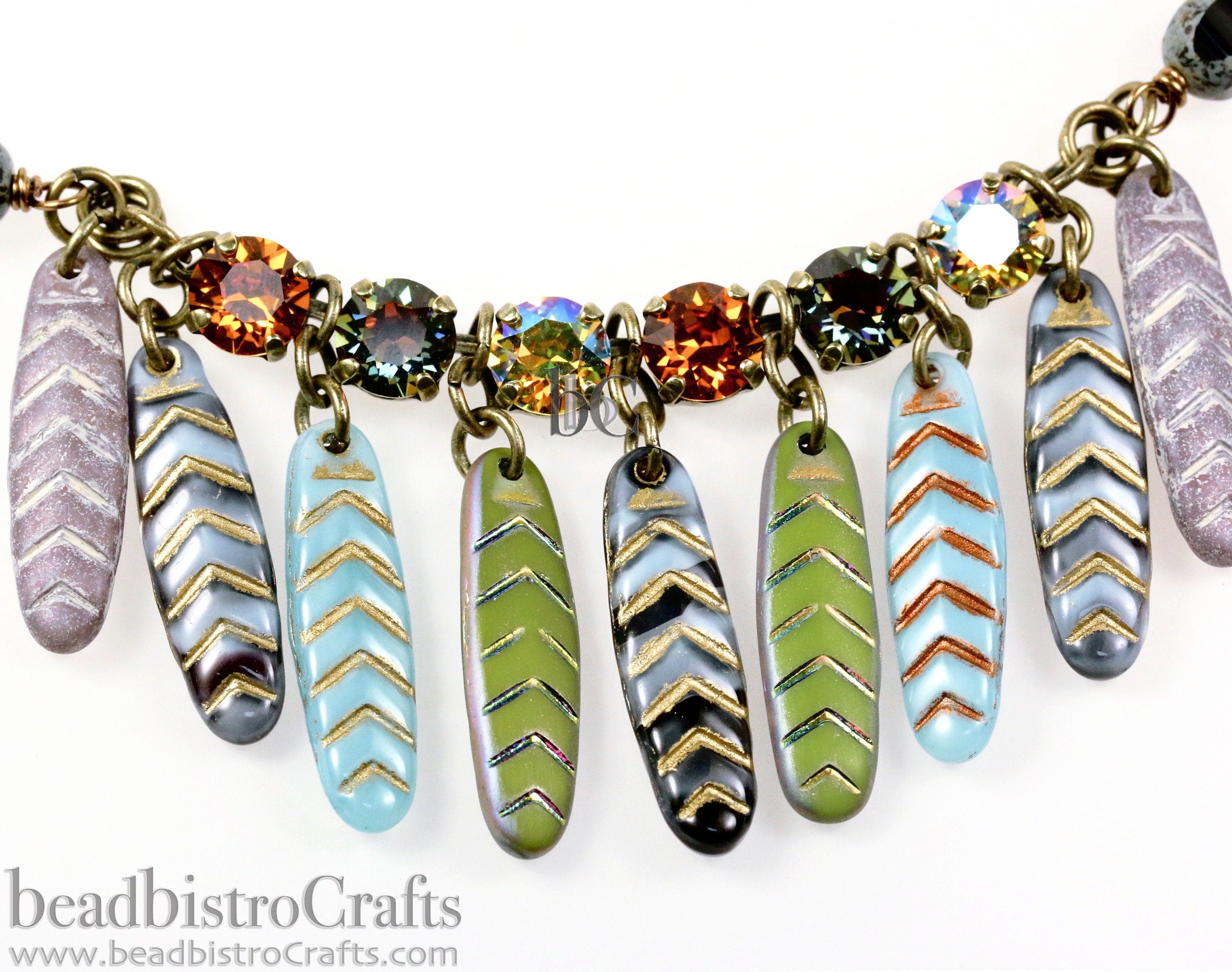 2pcs CHEVRON DAGGERS * Original Czech Glass Bead - Aqua Blue OPAL Silk / Copper Wash - 30x9mm Dagger Beads - front drill