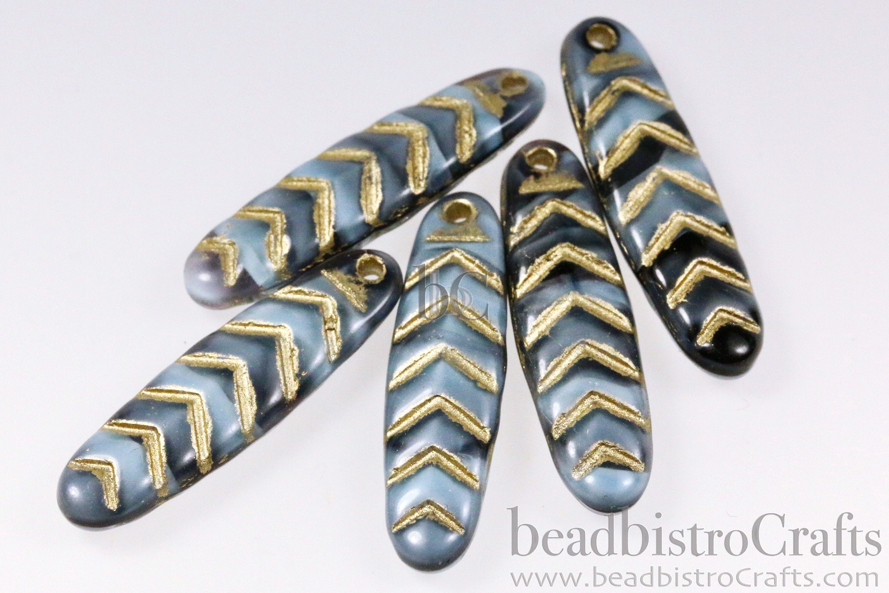 2pcs CHEVRON DAGGERS * Original Czech Glass Bead - Opaque Lt Blue & Black SILKY / Gold Wash  - 30x9mm Dagger Beads - front drill