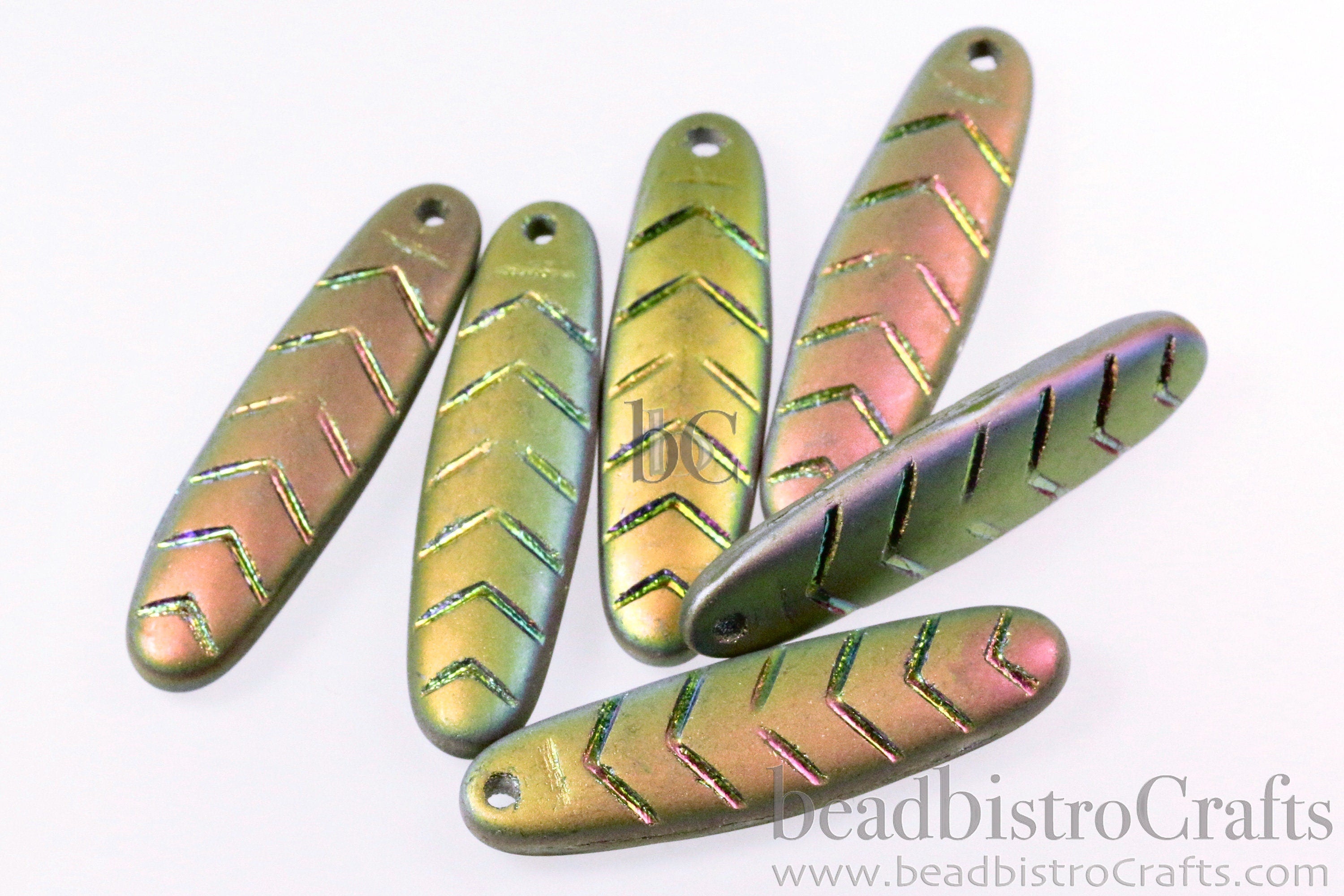 2pcs CHEVRON DAGGERS * Original Czech Glass Beads - Matted Opaque Olive VITRAIL - 30x9mm Dagger Beads - front drill - 0.9mm hole size