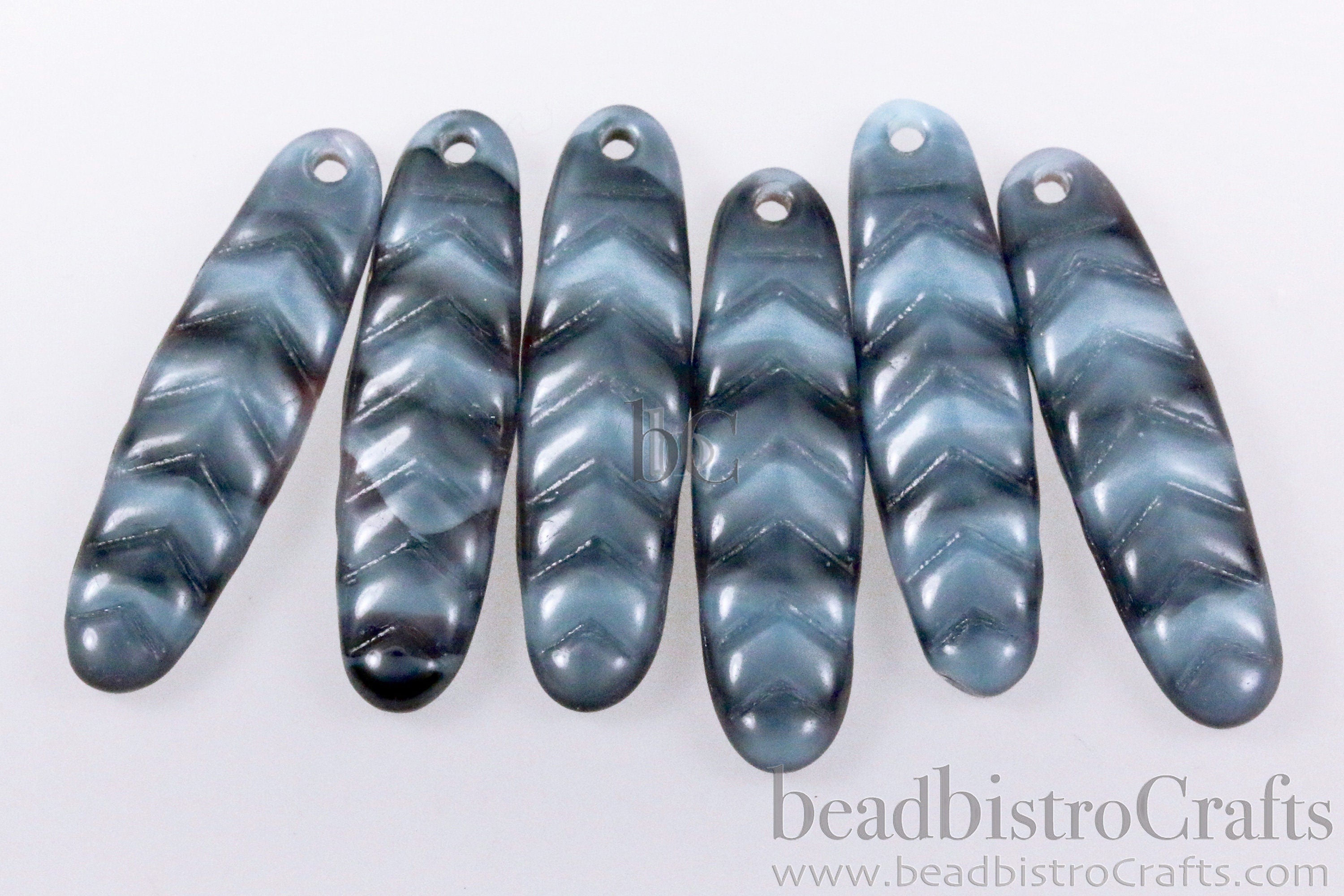 2pcs CHEVRON DAGGERS * Original Czech Glass Bead - Opaque Lt Blue & Black SILKY - 30x9mm Dagger Beads - front drill - 0.9mm hole