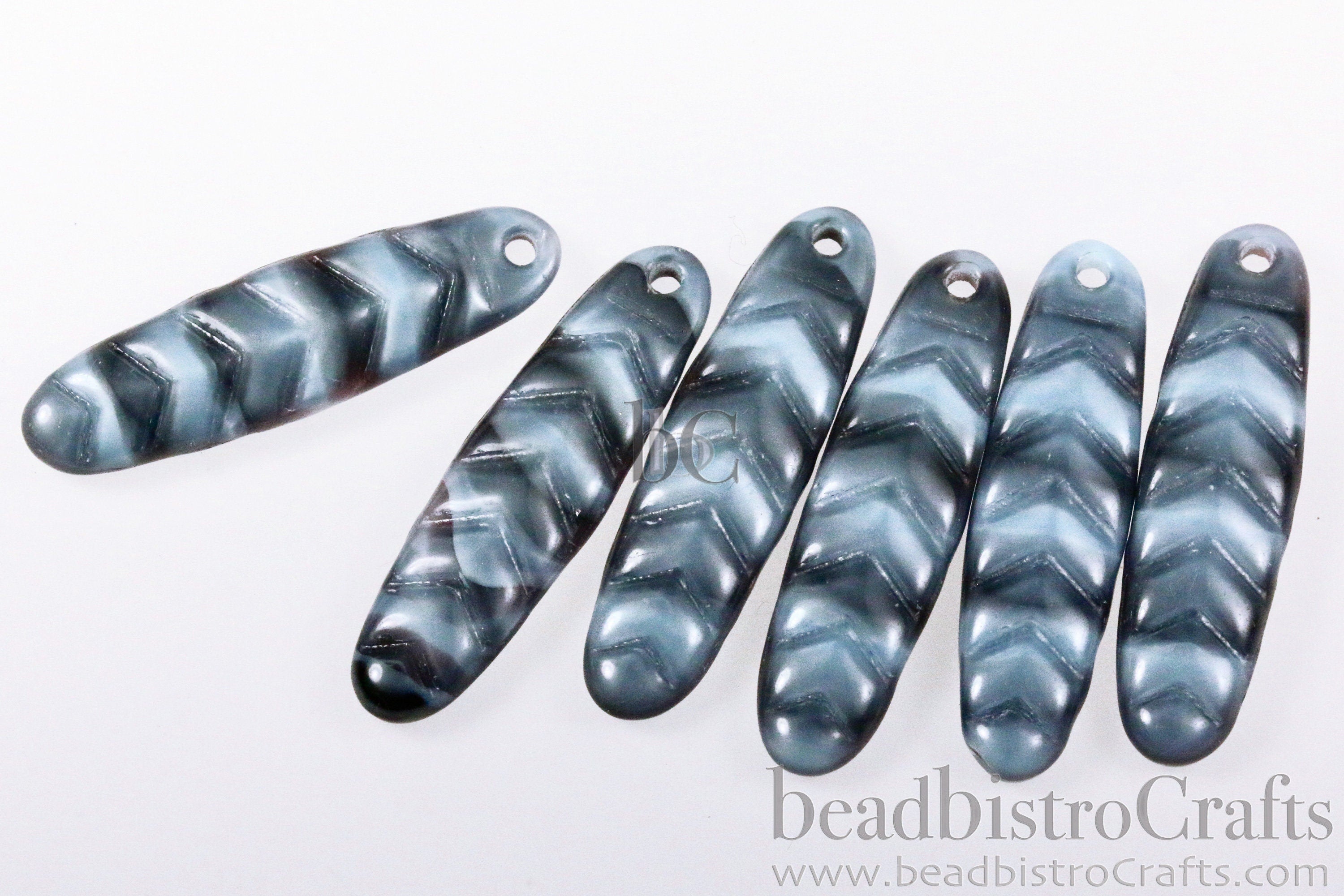 2pcs CHEVRON DAGGERS * Original Czech Glass Bead - Opaque Lt Blue & Black SILKY - 30x9mm Dagger Beads - front drill - 0.9mm hole