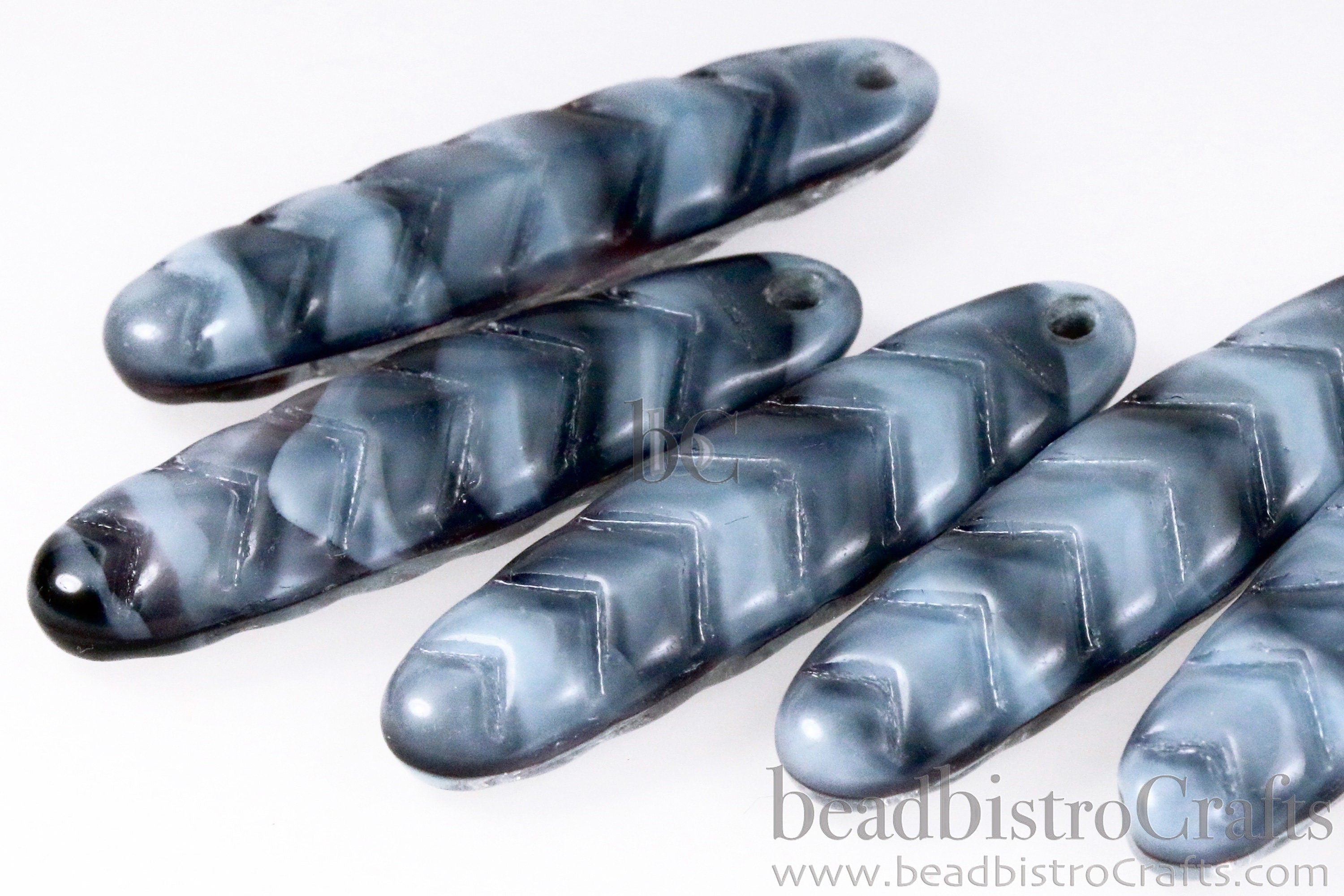 2pcs CHEVRON DAGGERS * Original Czech Glass Bead - Opaque Lt Blue & Black SILKY - 30x9mm Dagger Beads - front drill - 0.9mm hole