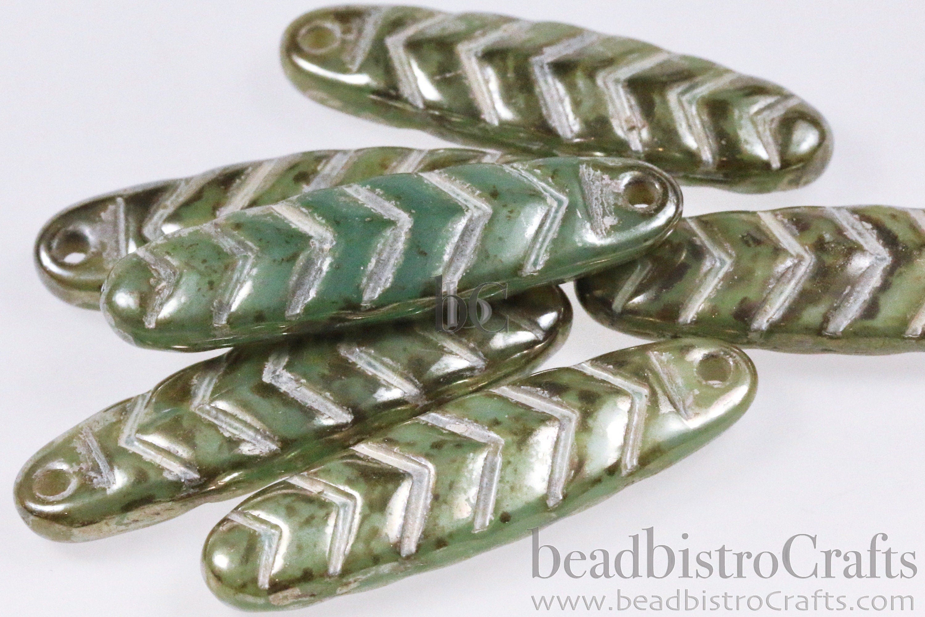 2pcs CHEVRON DAGGERS * Original Czech Glass Bead - Aqua Golden Olive PICASSO Lustered / Ant White - 30x9mm Dagger Beads - front drill