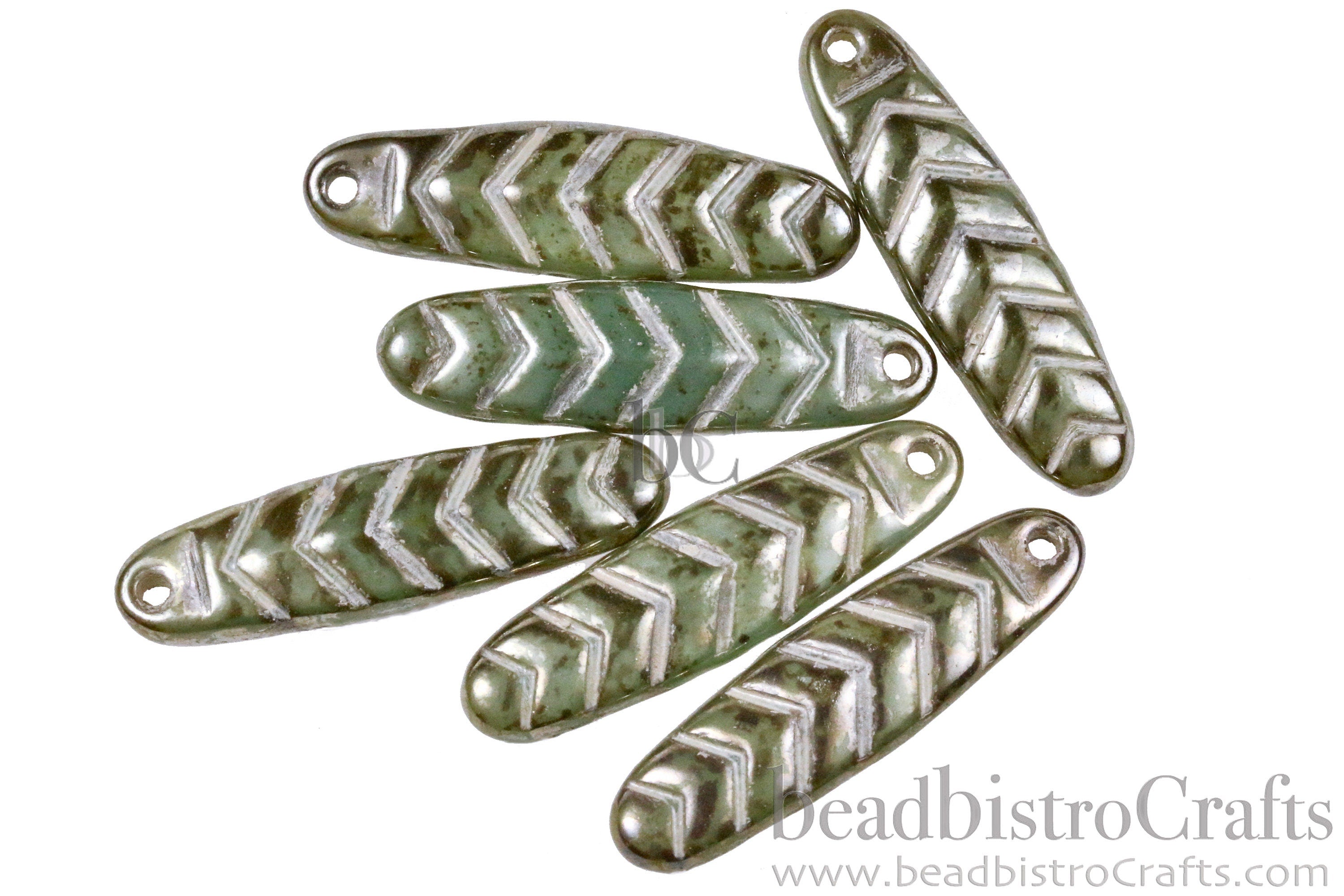 2pcs CHEVRON DAGGERS * Original Czech Glass Bead - Aqua Golden Olive PICASSO Lustered / Ant White - 30x9mm Dagger Beads - front drill