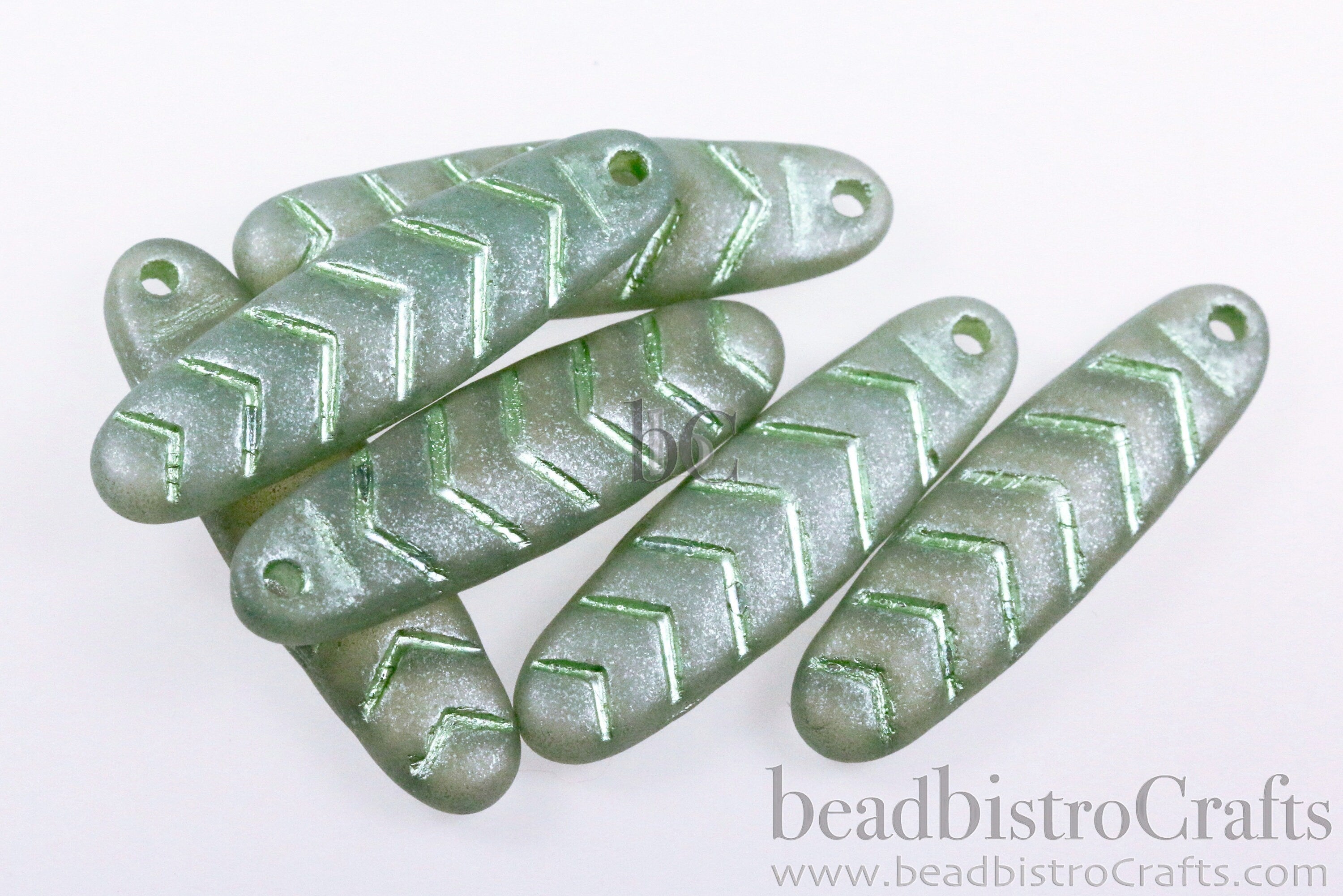 2pcs CHEVRON DAGGERS * Original Czech Glass - Frosted Milky Opal Luster Lt Green with Met MINT Wash - 30x9mm Dagger Beads - front drill