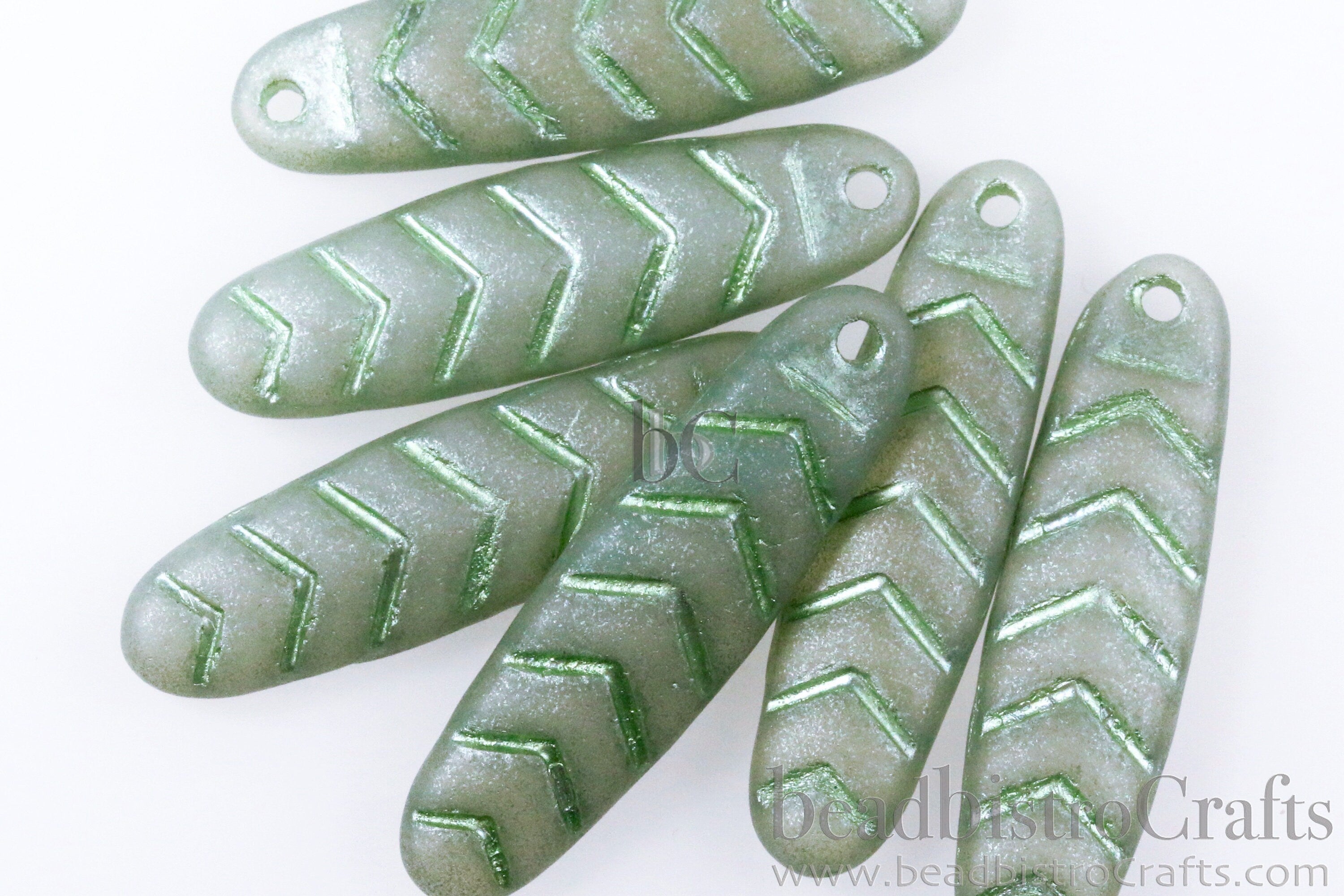 2pcs CHEVRON DAGGERS * Original Czech Glass - Frosted Milky Opal Luster Lt Green with Met MINT Wash - 30x9mm Dagger Beads - front drill