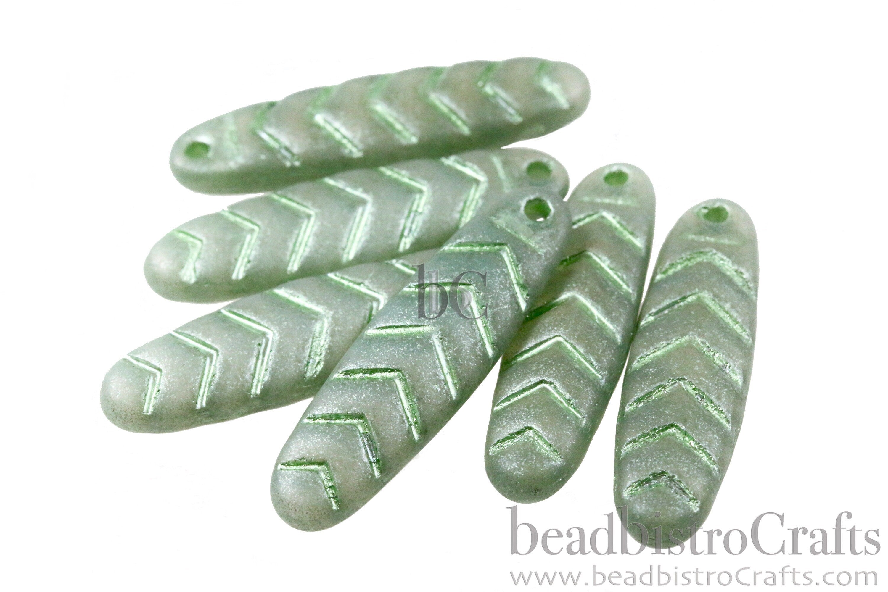 2pcs CHEVRON DAGGERS * Original Czech Glass - Frosted Milky Opal Luster Lt Green with Met MINT Wash - 30x9mm Dagger Beads - front drill