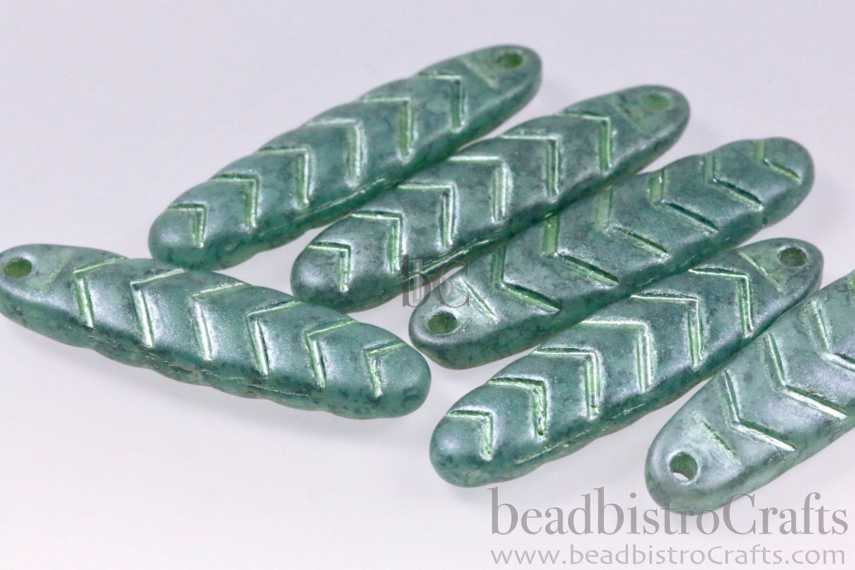 2pcs CHEVRON DAGGERS * Original Czech Glass Bead - Opal Silk Matte Met SAGE Lustered /Mint Wash - 30x9mm Dagger Beads - front drill