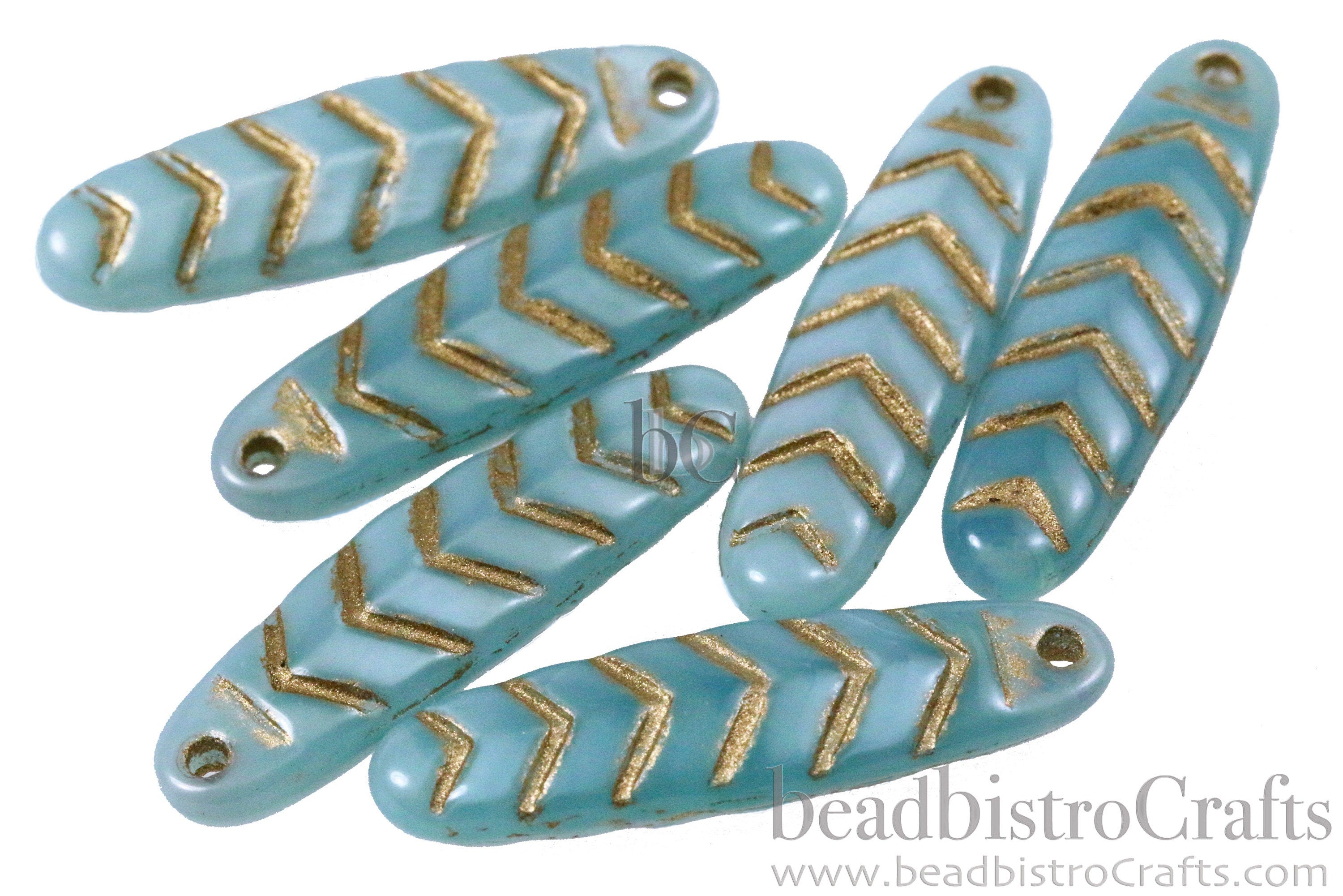 2pcs CHEVRON DAGGERS * Original Czech Glass Bead - Aqua Blue OPAL Silk / Gold Wash - 30x9mm Dagger Beads - front drill