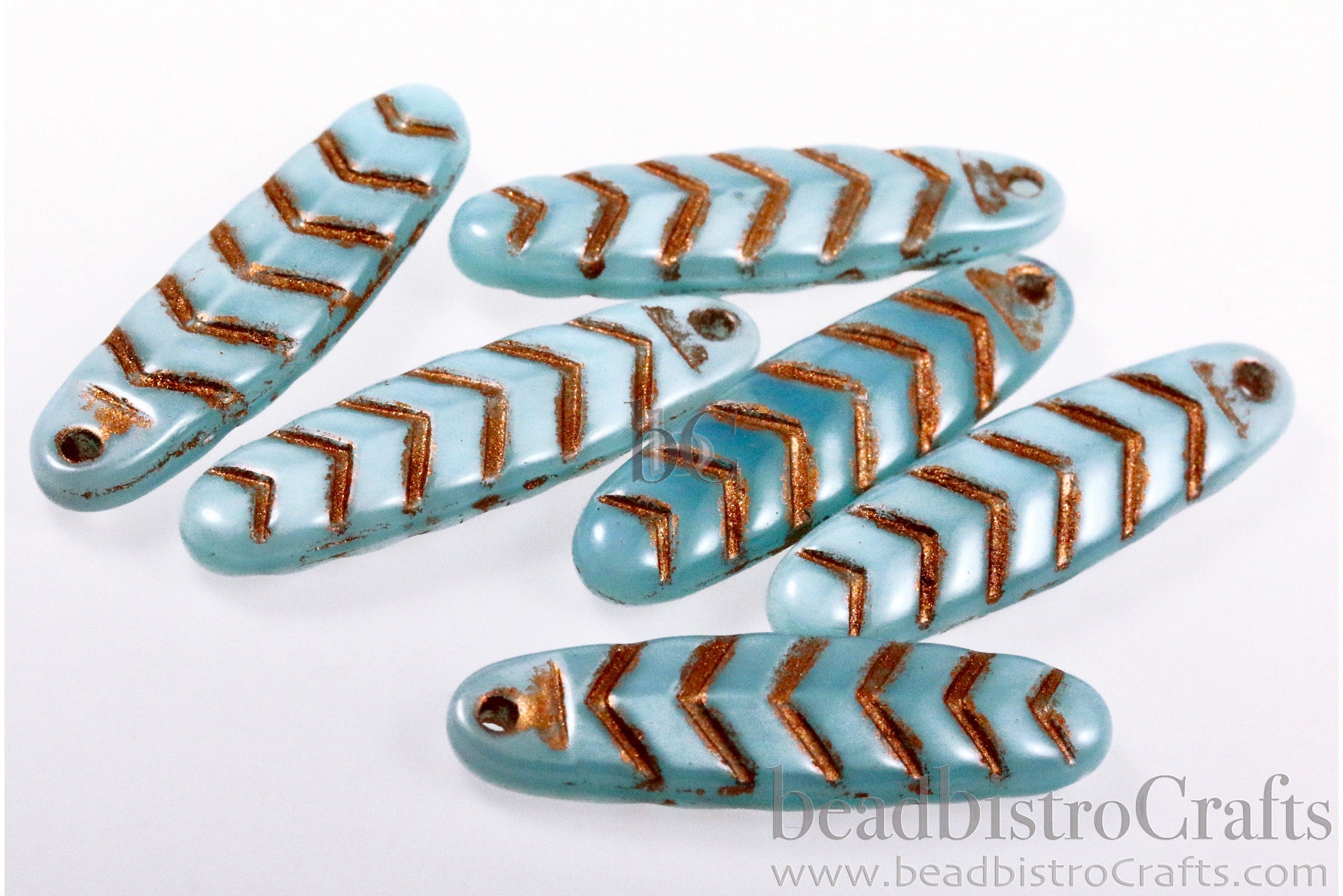 2pcs CHEVRON DAGGERS * Original Czech Glass Bead - Aqua Blue OPAL Silk / Copper Wash - 30x9mm Dagger Beads - front drill