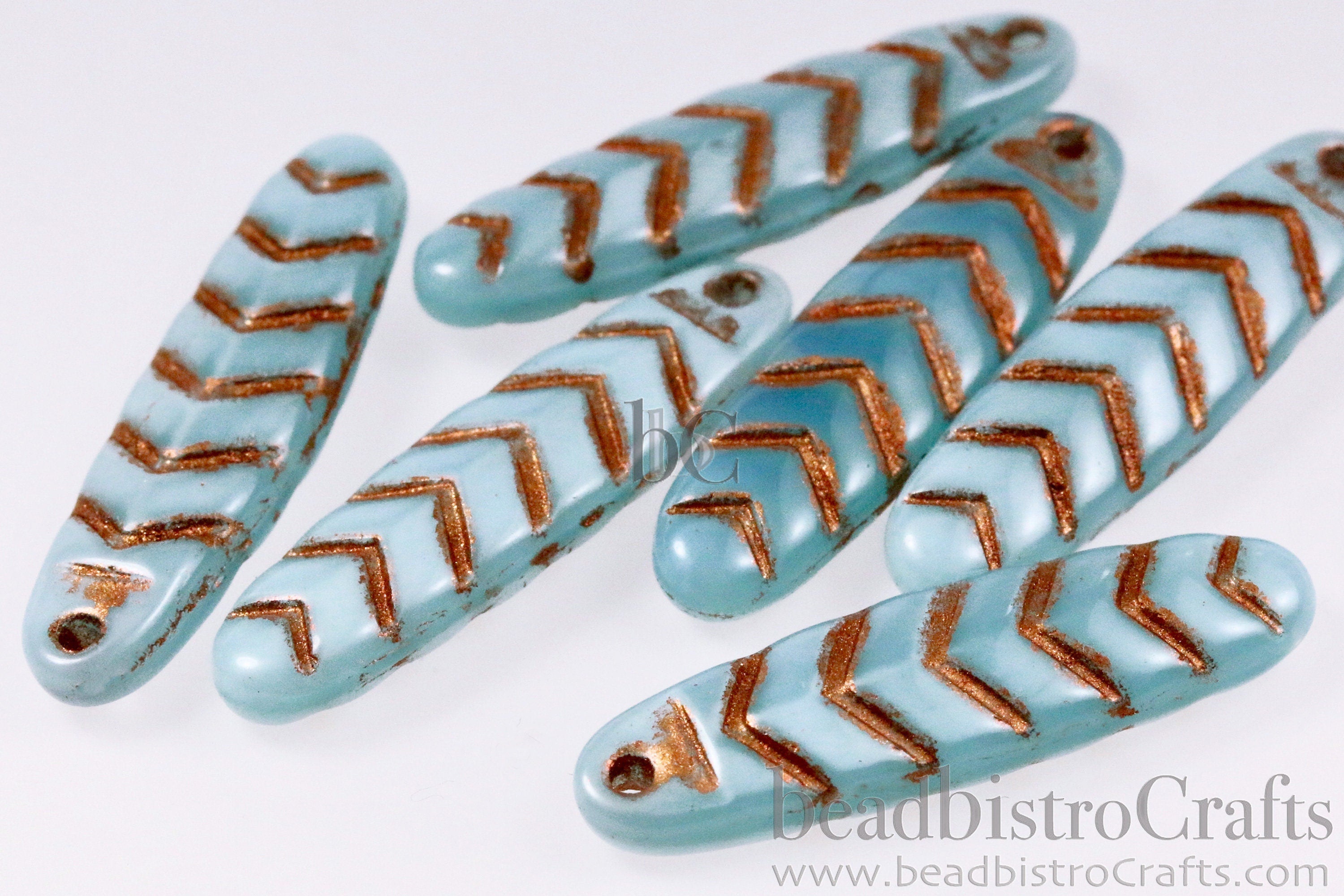 2pcs CHEVRON DAGGERS * Original Czech Glass Bead - Aqua Blue OPAL Silk / Copper Wash - 30x9mm Dagger Beads - front drill