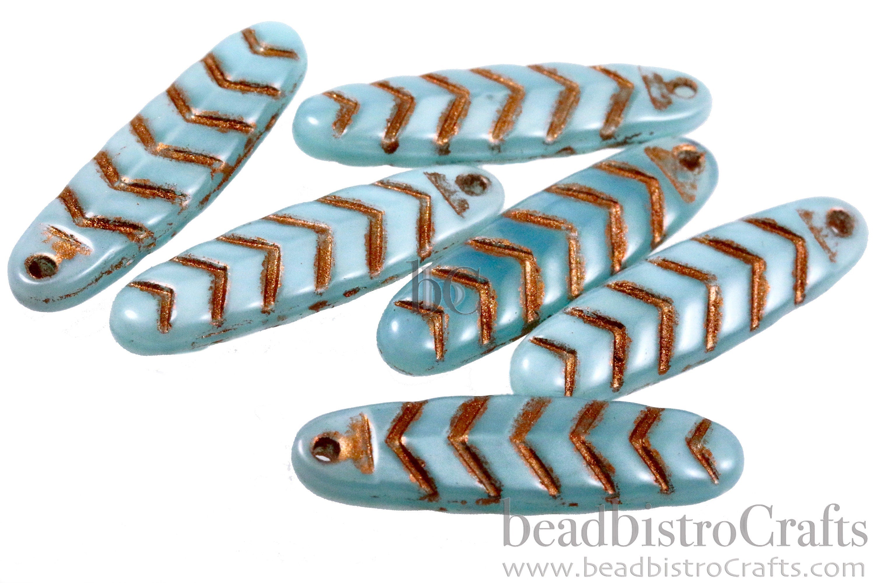 2pcs CHEVRON DAGGERS * Original Czech Glass Bead - Aqua Blue OPAL Silk / Copper Wash - 30x9mm Dagger Beads - front drill