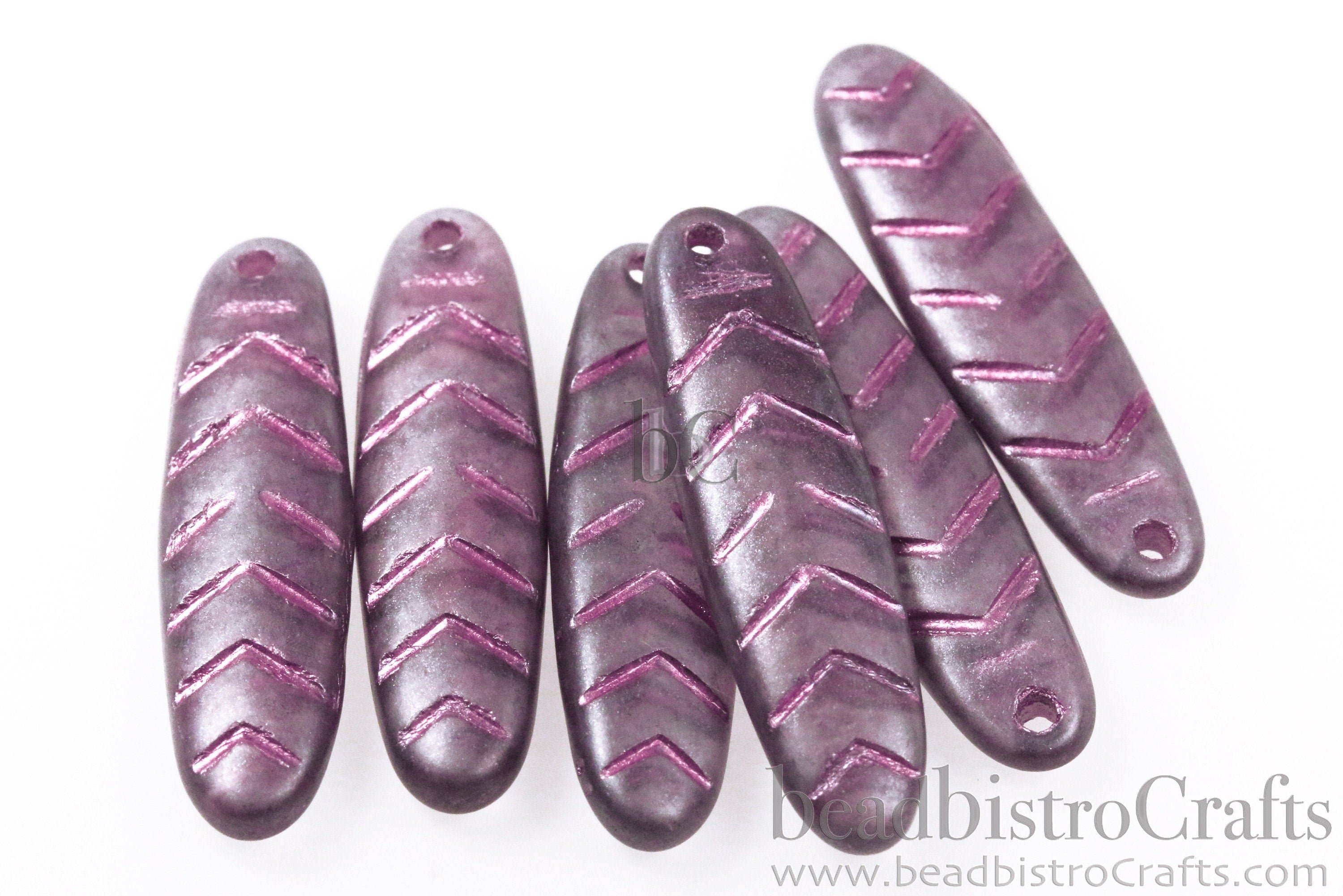 2pcs CHEVRON DAGGERS * Original Czech Glass Bead - Matted Transparent GRAPE Lustered / Metallic Pink - 30x9mm Dagger Beads - front drill