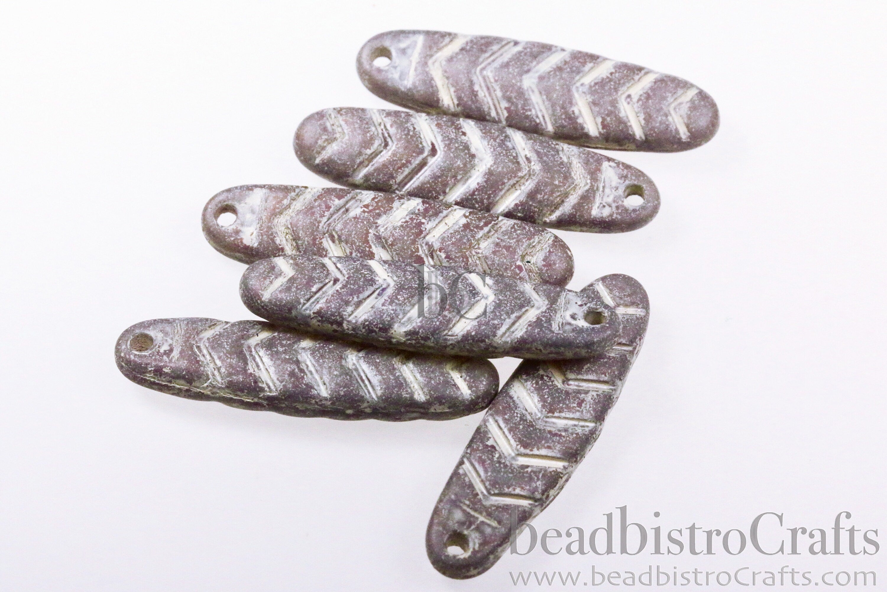 2pcs CHEVRON DAGGERS * Original Czech Glass Bead - Matted Ruby Lustered Opal / ANTIQUE White - 30x9mm Dagger Beads - front drill