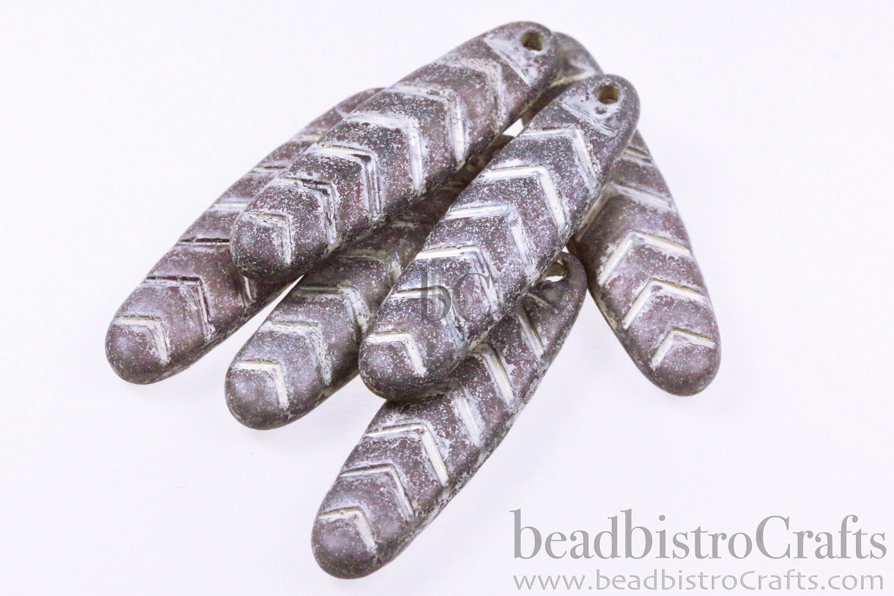 2pcs CHEVRON DAGGERS * Original Czech Glass Bead - Matted Ruby Lustered Opal / ANTIQUE White - 30x9mm Dagger Beads - front drill