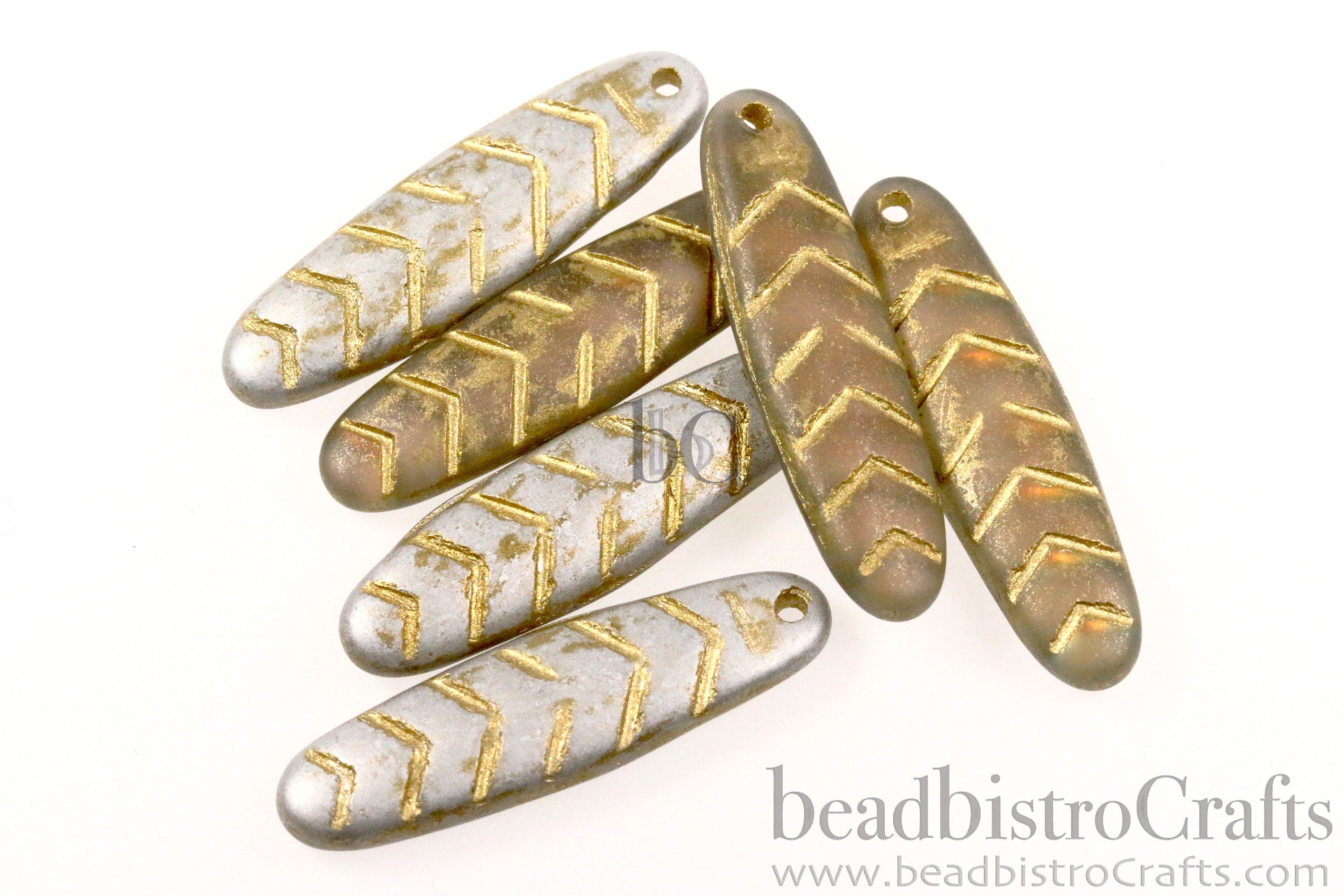 2pcs CHEVRON DAGGERS * Original Czech Glass Bead - Frosted HONEY Back Glow / Metallic Gold Wash - 30x9mm Dagger Beads - front drill