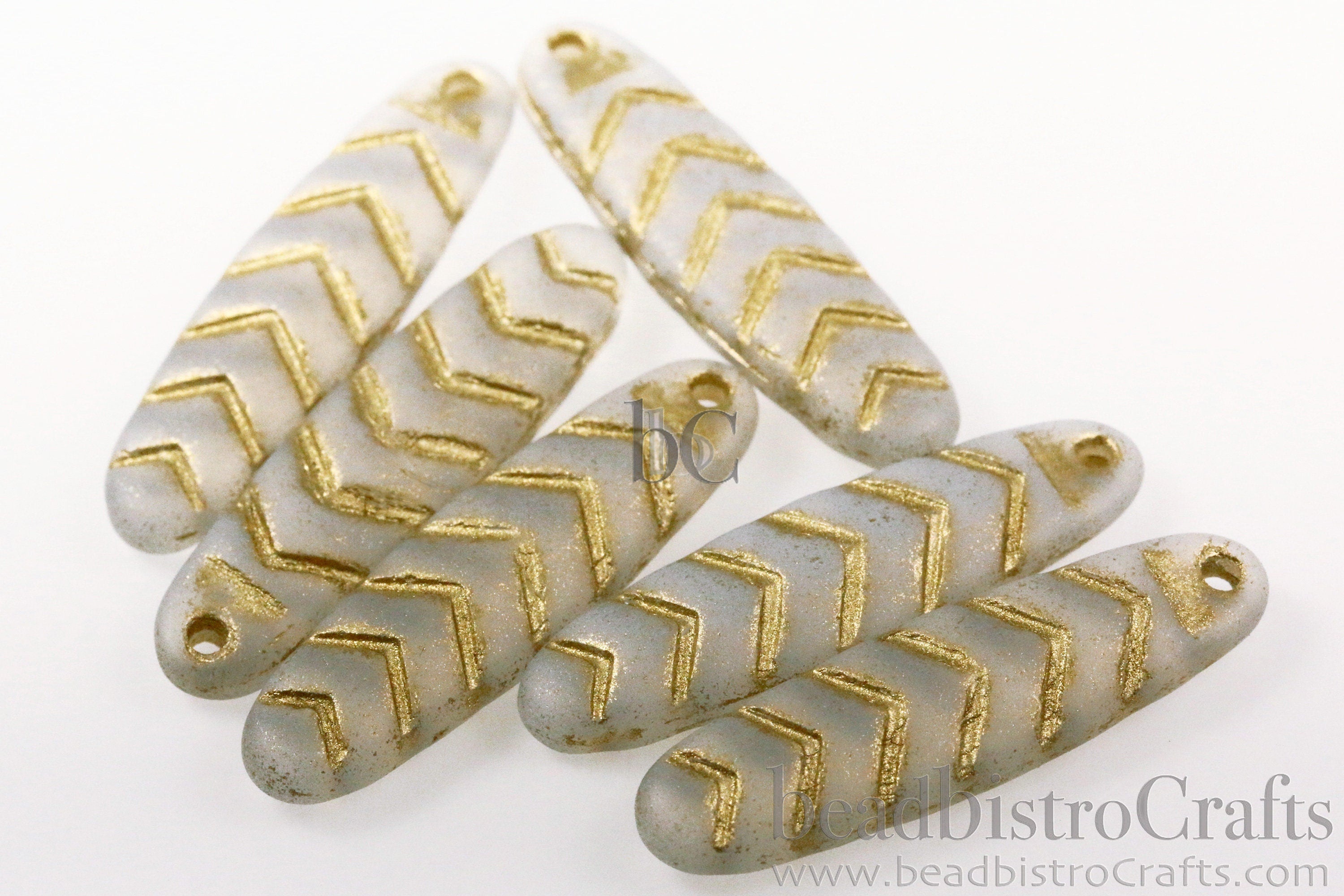 2pcs CHEVRON DAGGERS * Original Czech Glass Bead - FROSTED White Opal Matte / Metallic Gold Wash - 30x9mm Dagger Beads - front drill