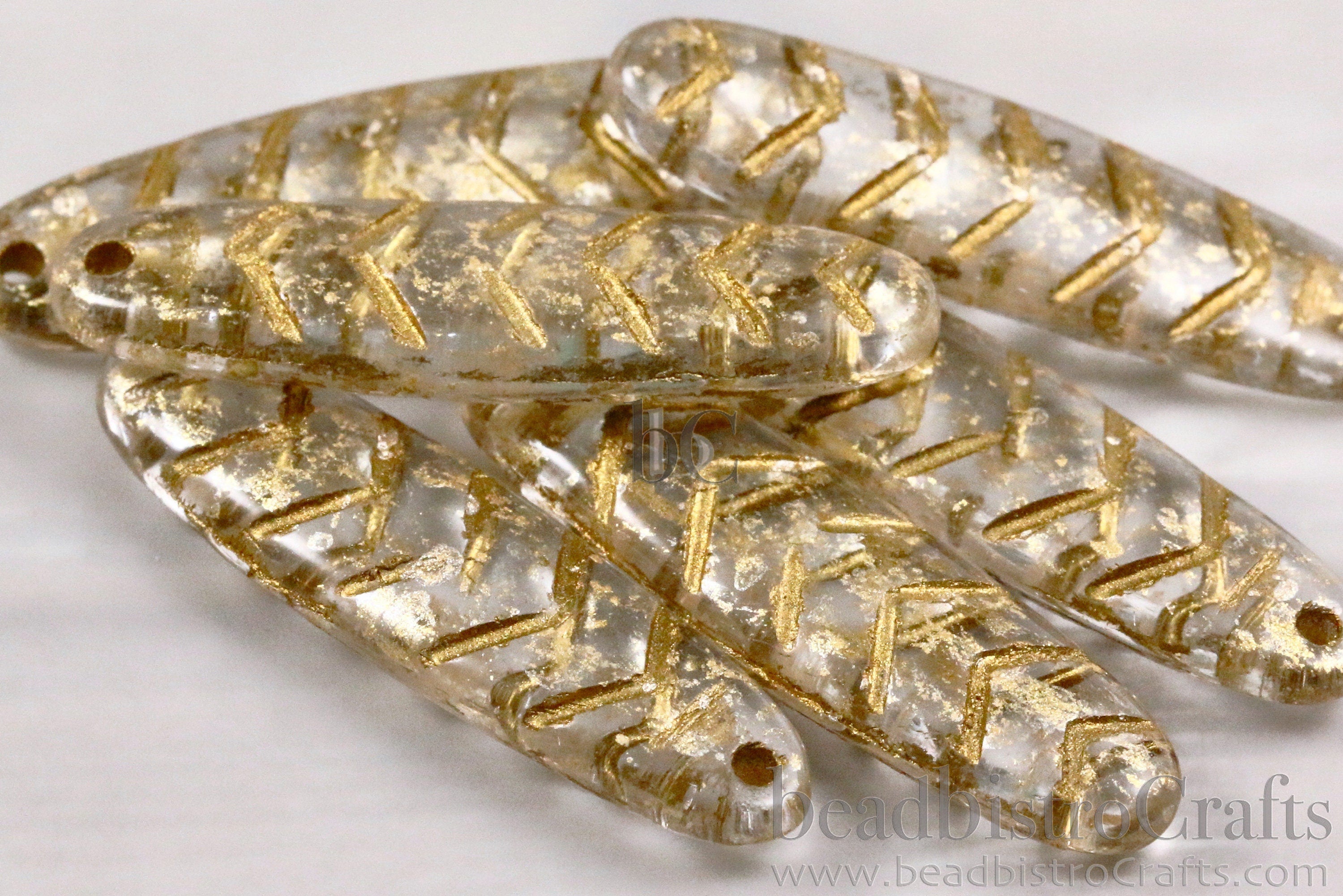 2pcs CHEVRON DAGGERS * Original Czech Glass Bead - Clear Crystal GOLD Splashed / Metallic Gold Wash - 30x9mm Dagger Beads - front drill