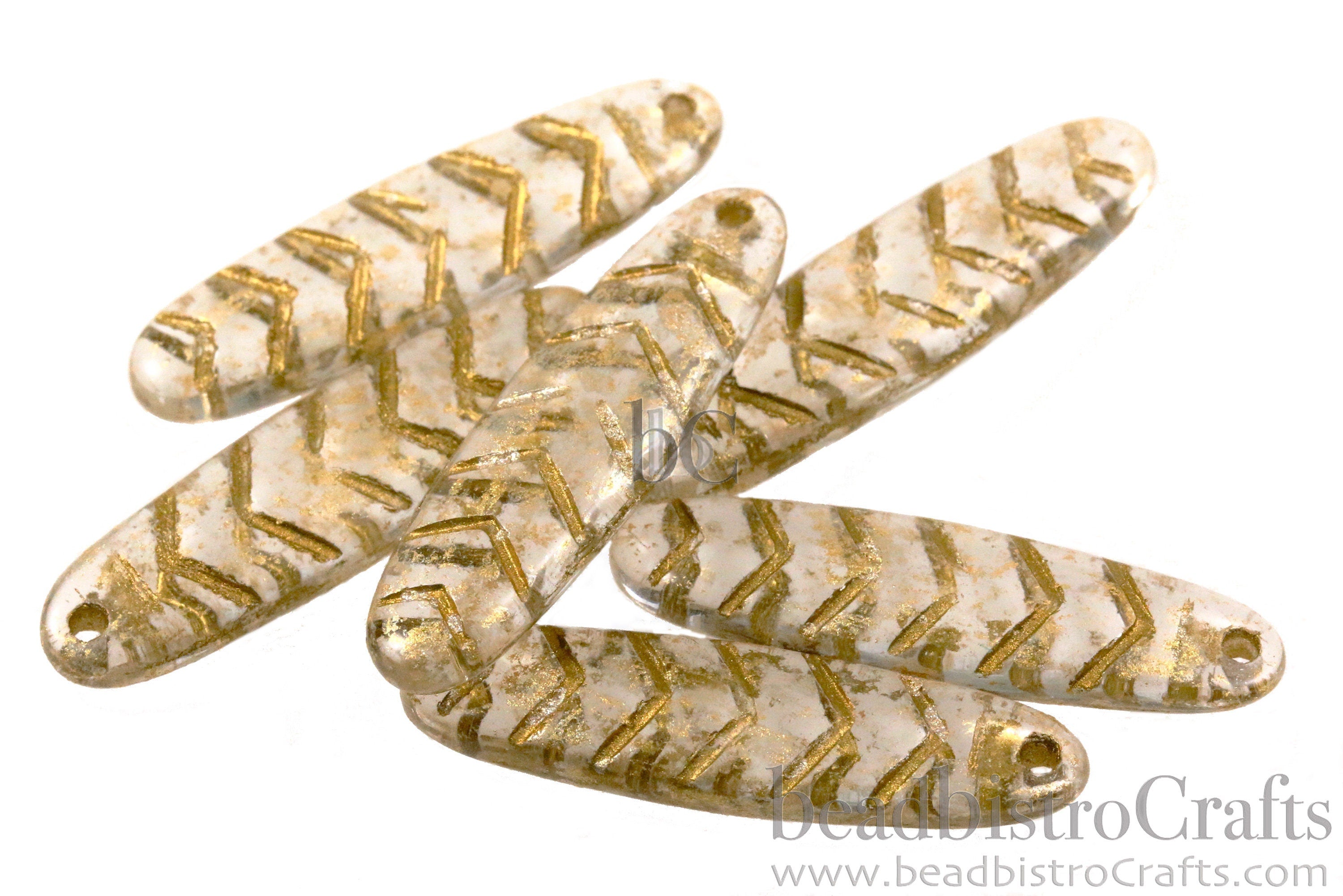 2pcs CHEVRON DAGGERS * Original Czech Glass Bead - Clear Crystal GOLD Splashed / Metallic Gold Wash - 30x9mm Dagger Beads - front drill