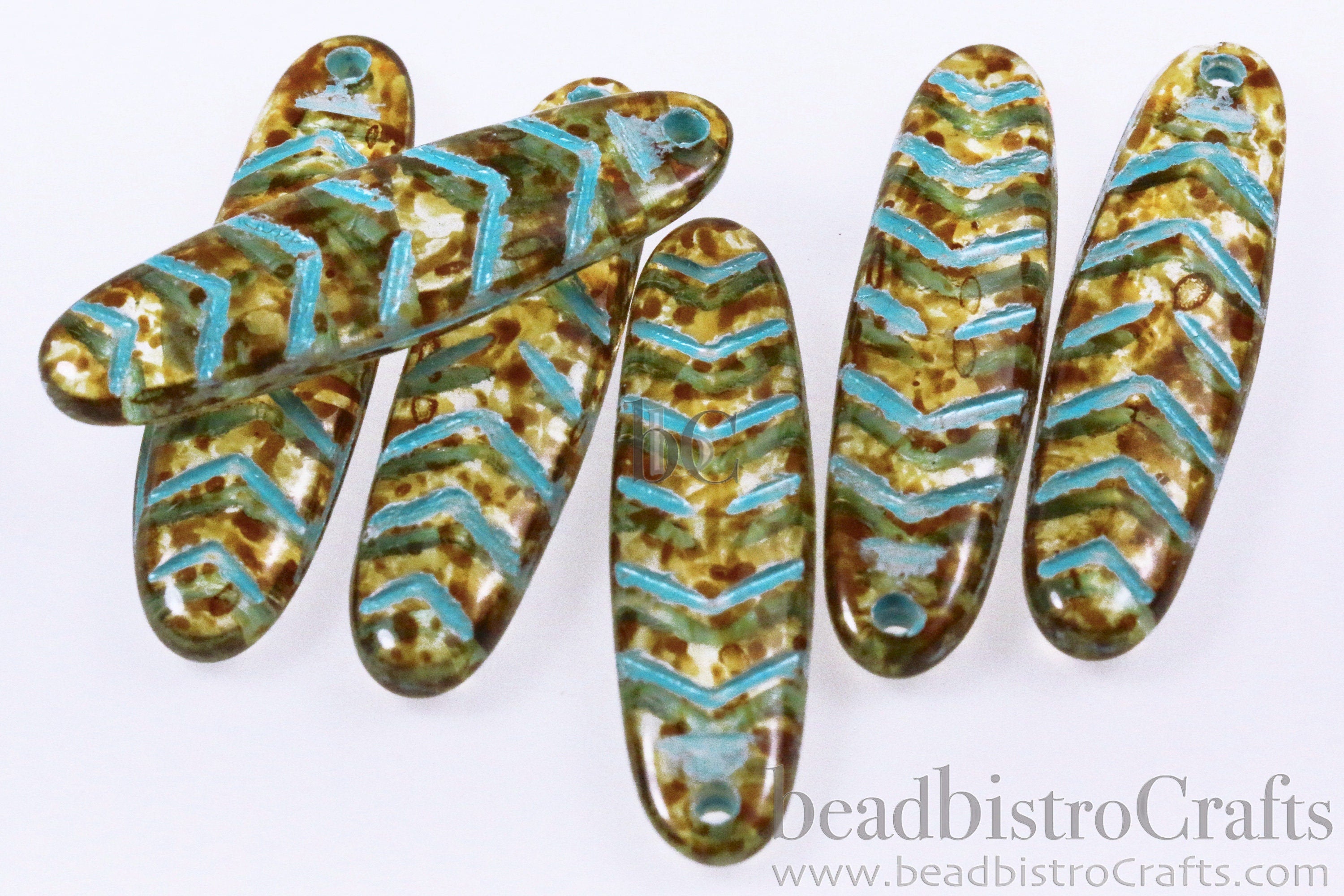 2pcs CHEVRON DAGGERS * Original Czech Glass Bead - Clear TRAVERTINE / Turquoise Blue Wash - 30x9mm Dagger Beads - front drill