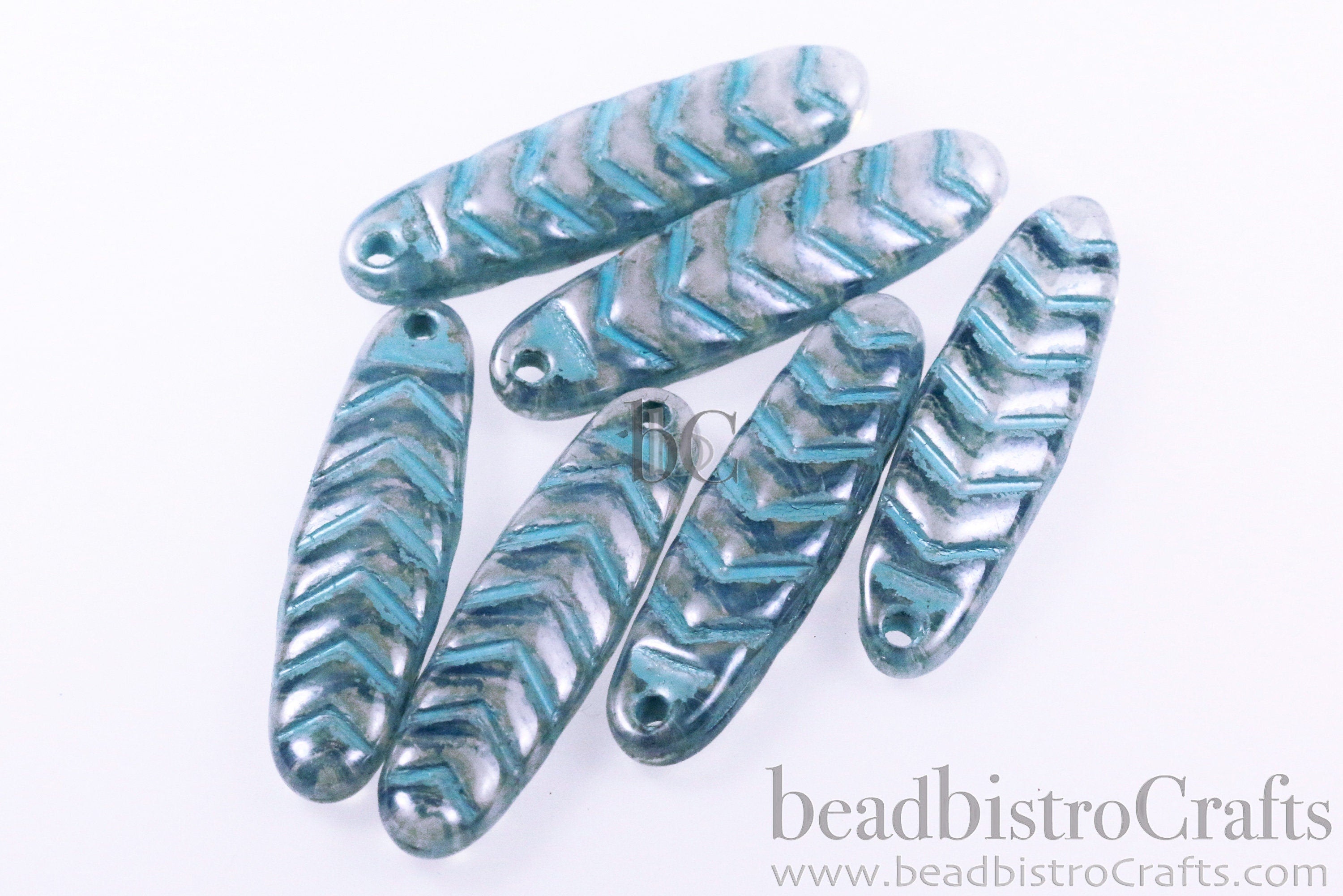 2pcs CHEVRON DAGGERS * Original Czech Glass Bead - Milky Opal Luster BLUE Grey / Turquoise Wash - 30x9mm Dagger Beads - front drill