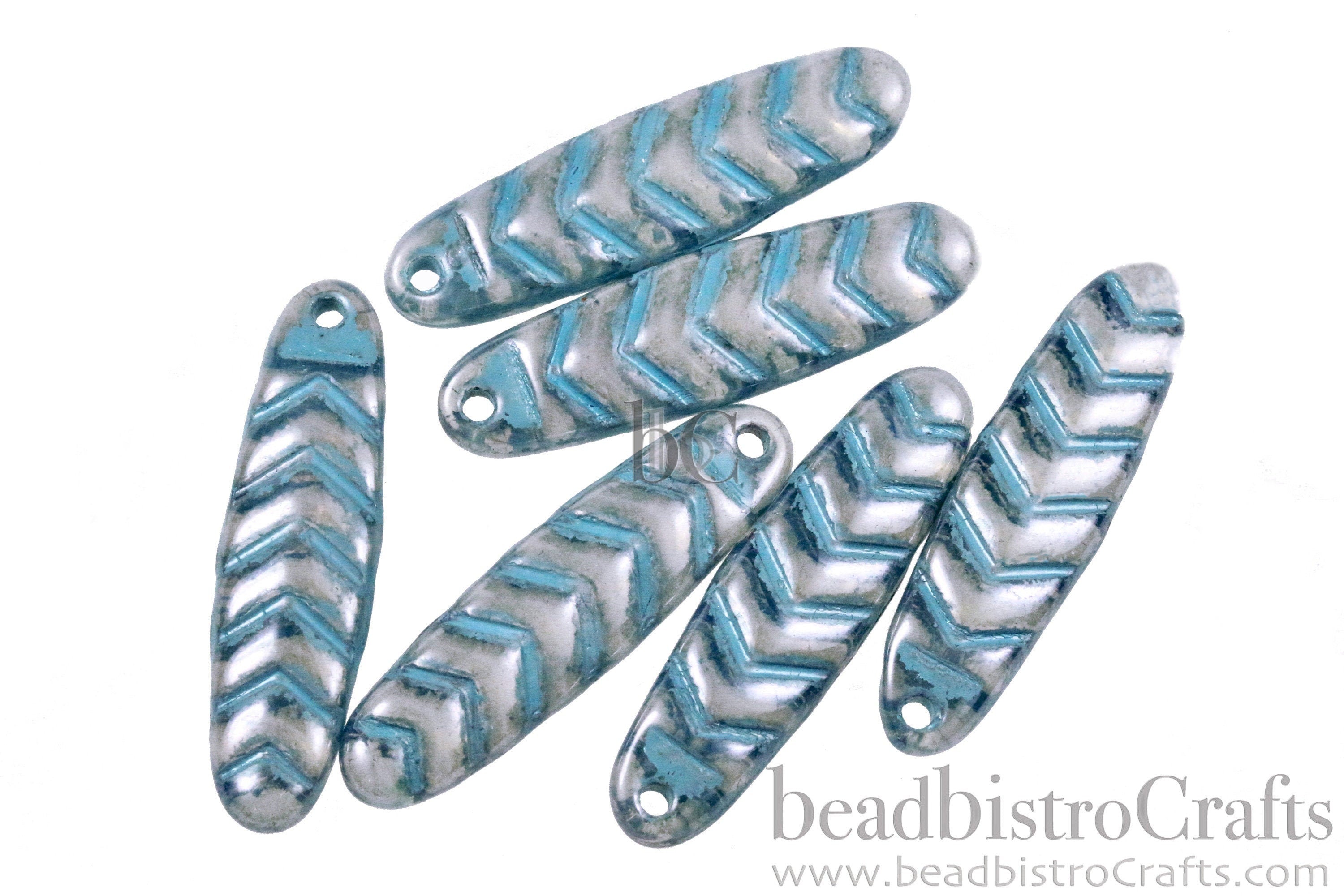 2pcs CHEVRON DAGGERS * Original Czech Glass Bead - Milky Opal Luster BLUE Grey / Turquoise Wash - 30x9mm Dagger Beads - front drill