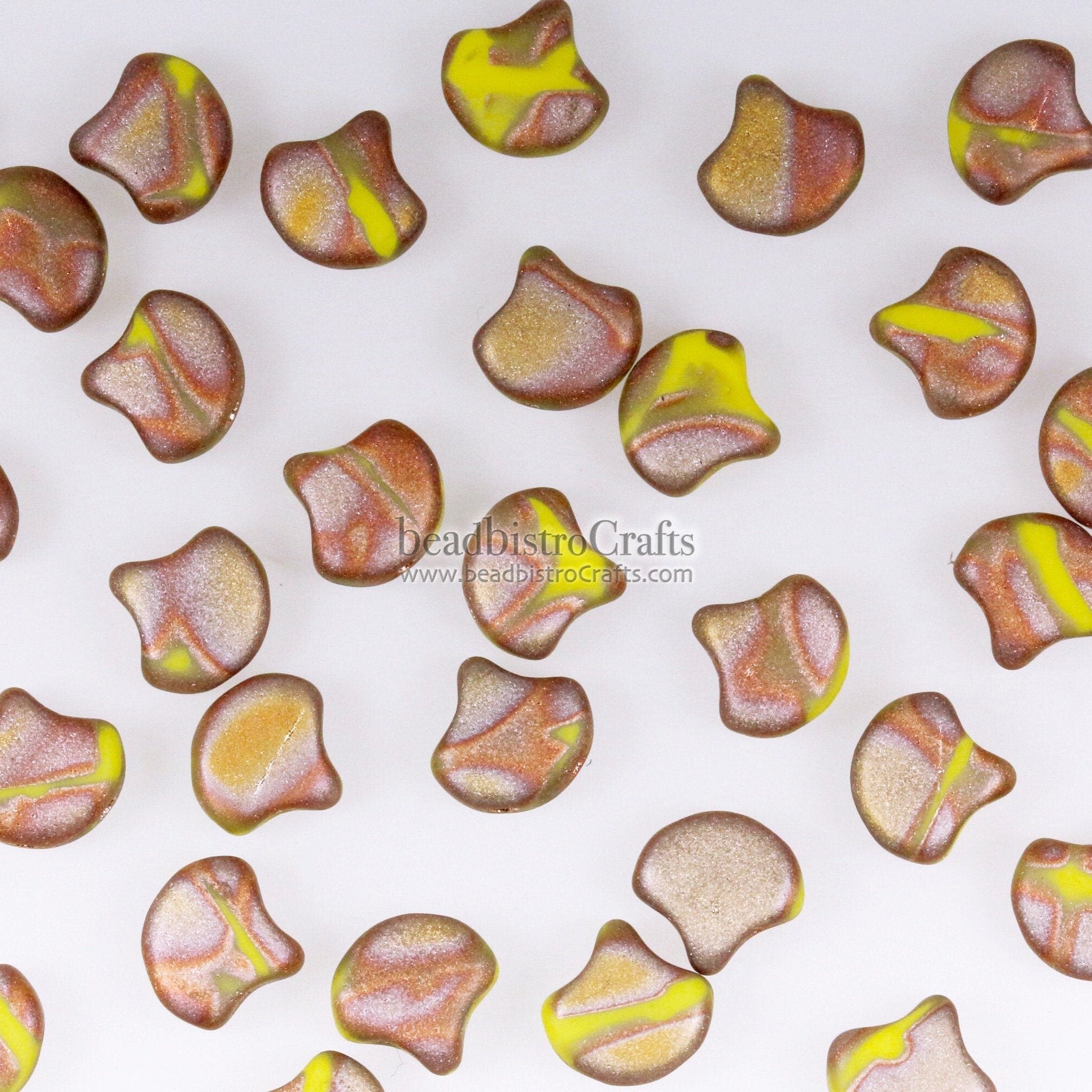 30pcs Czech 2-hole GINKO beads - Ginko Duo - Opaque Limon Full CAPRI Gold Matte BATIK * Ginko bead - 7.5x7.5mm