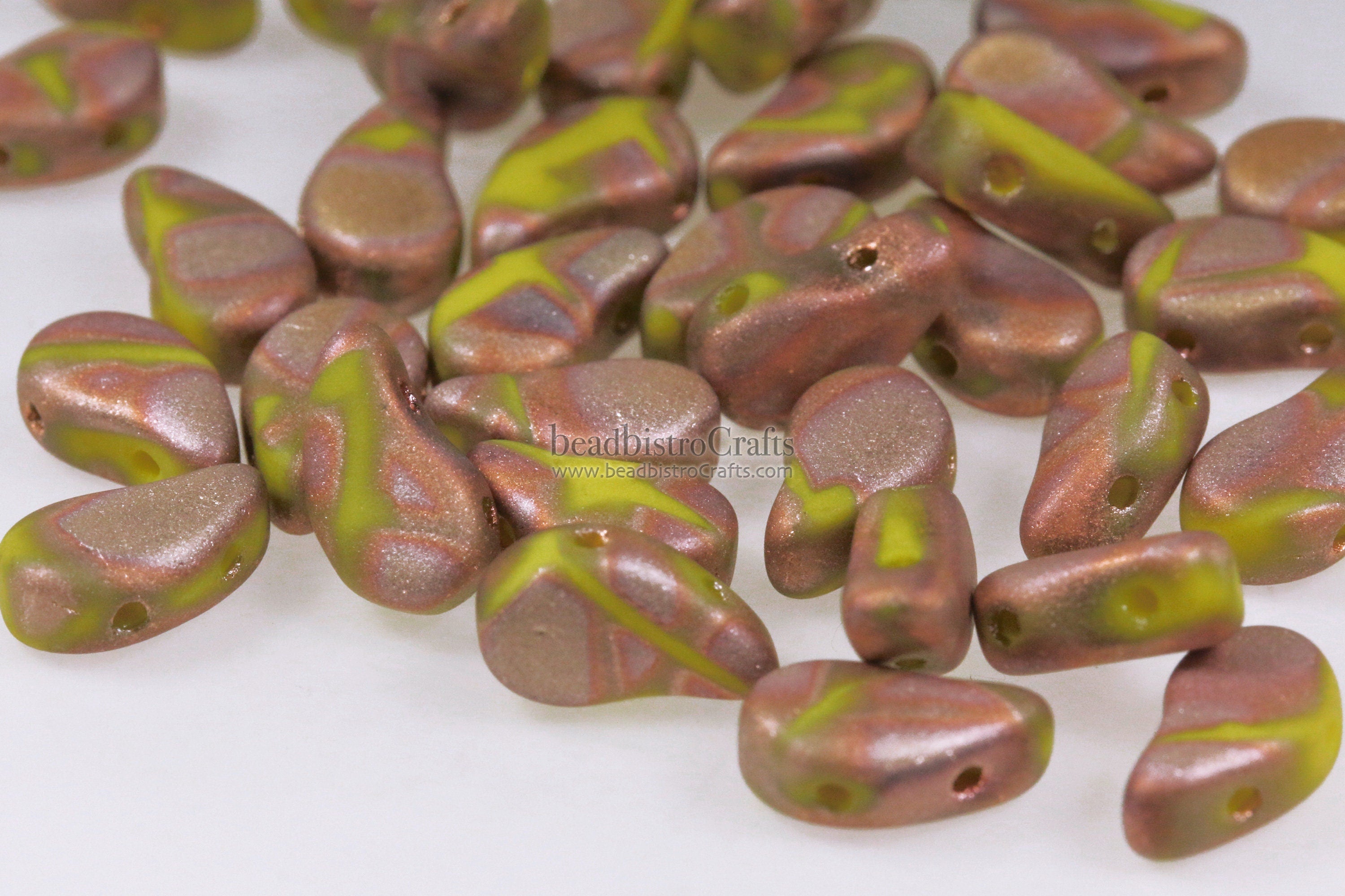 40pcs Czech PAISLEYDUO beads - 2 hole beads - Opaque Limon Full CAPRI Gold Matte BATIK * - Paisley Duo bead - 5x8mm