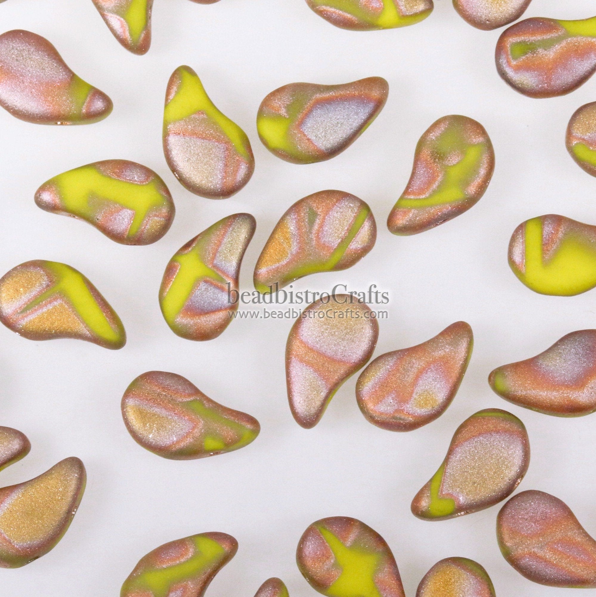 40pcs Czech PAISLEYDUO beads - 2 hole beads - Opaque Limon Full CAPRI Gold Matte BATIK * - Paisley Duo bead - 5x8mm