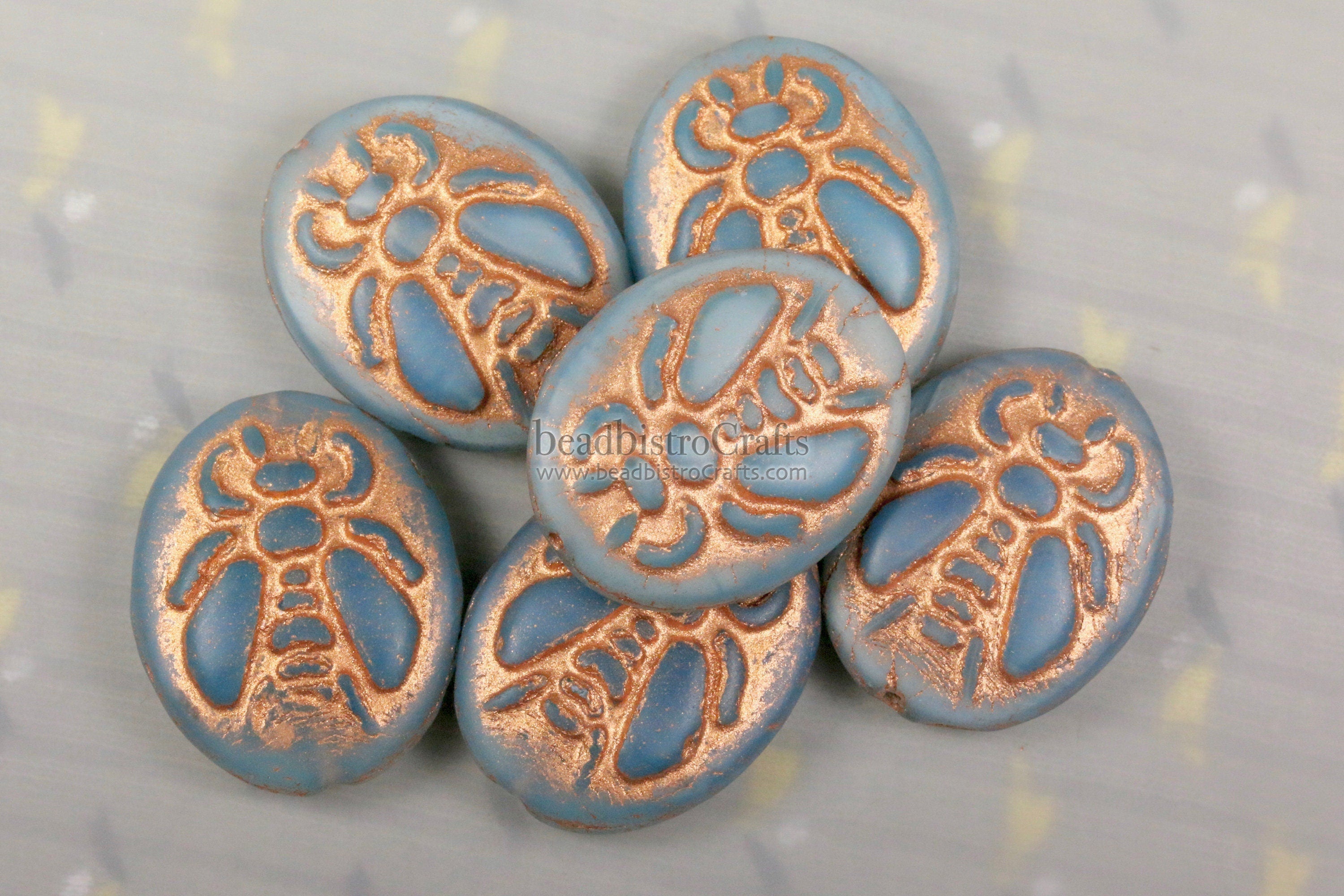 2pcs BUMBLE BEES * Czech Glass Pressed Bead - Matte Milky Aqua Opal COPPER Wash - 22x17mm Puffed Oval Bee Beads