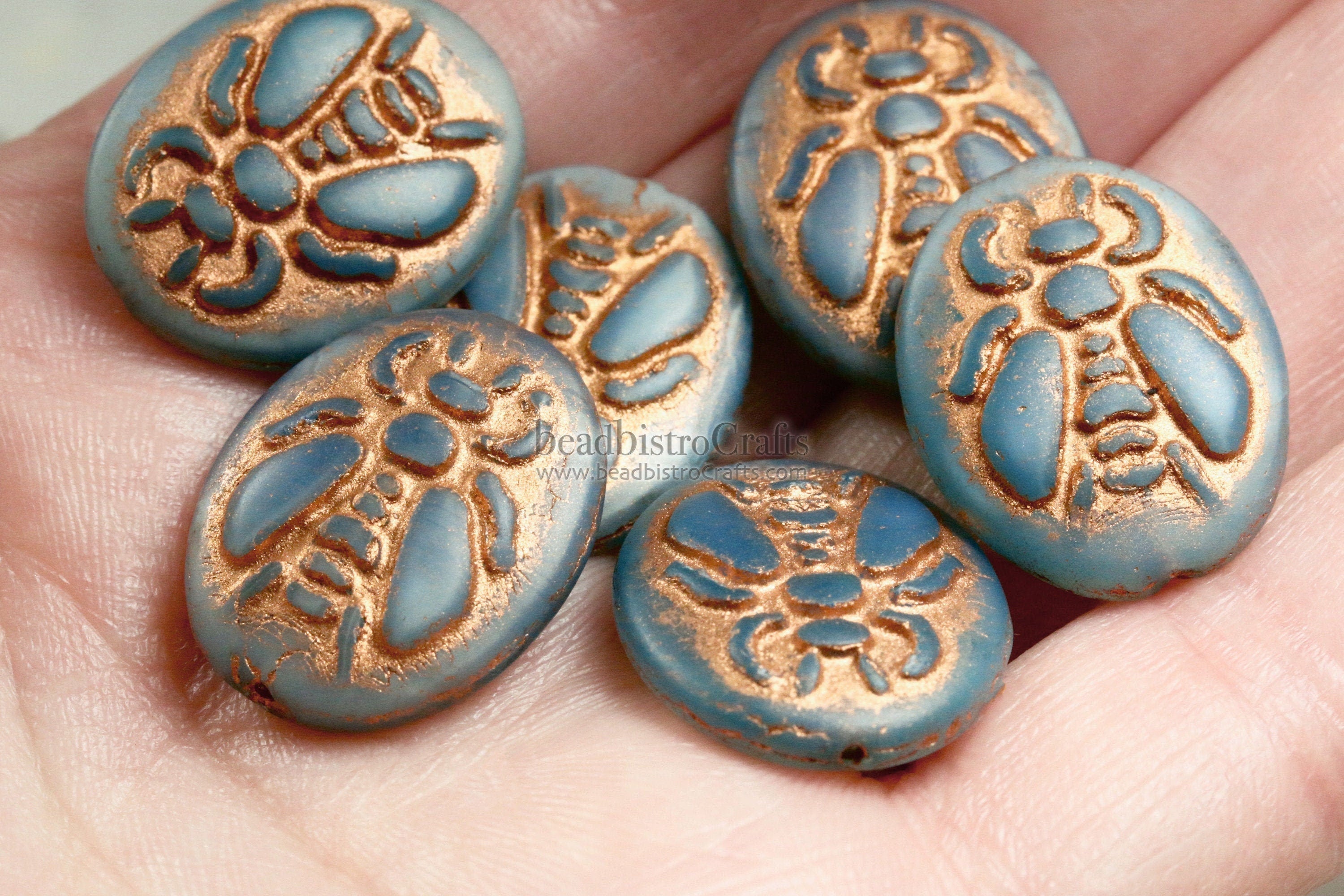 2pcs BUMBLE BEES * Czech Glass Pressed Bead - Matte Milky Aqua Opal COPPER Wash - 22x17mm Puffed Oval Bee Beads