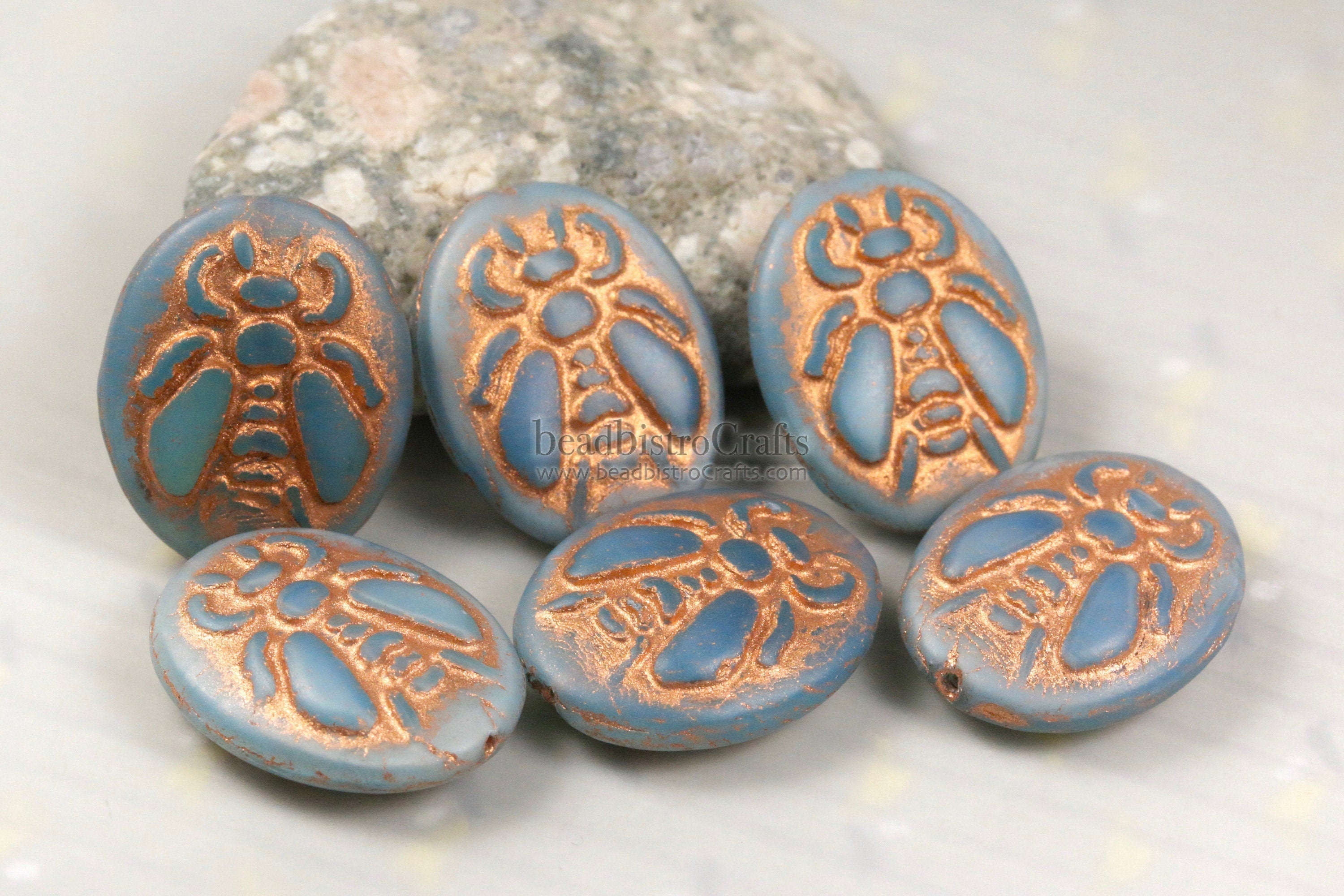 2pcs BUMBLE BEES * Czech Glass Pressed Bead - Matte Milky Aqua Opal COPPER Wash - 22x17mm Puffed Oval Bee Beads