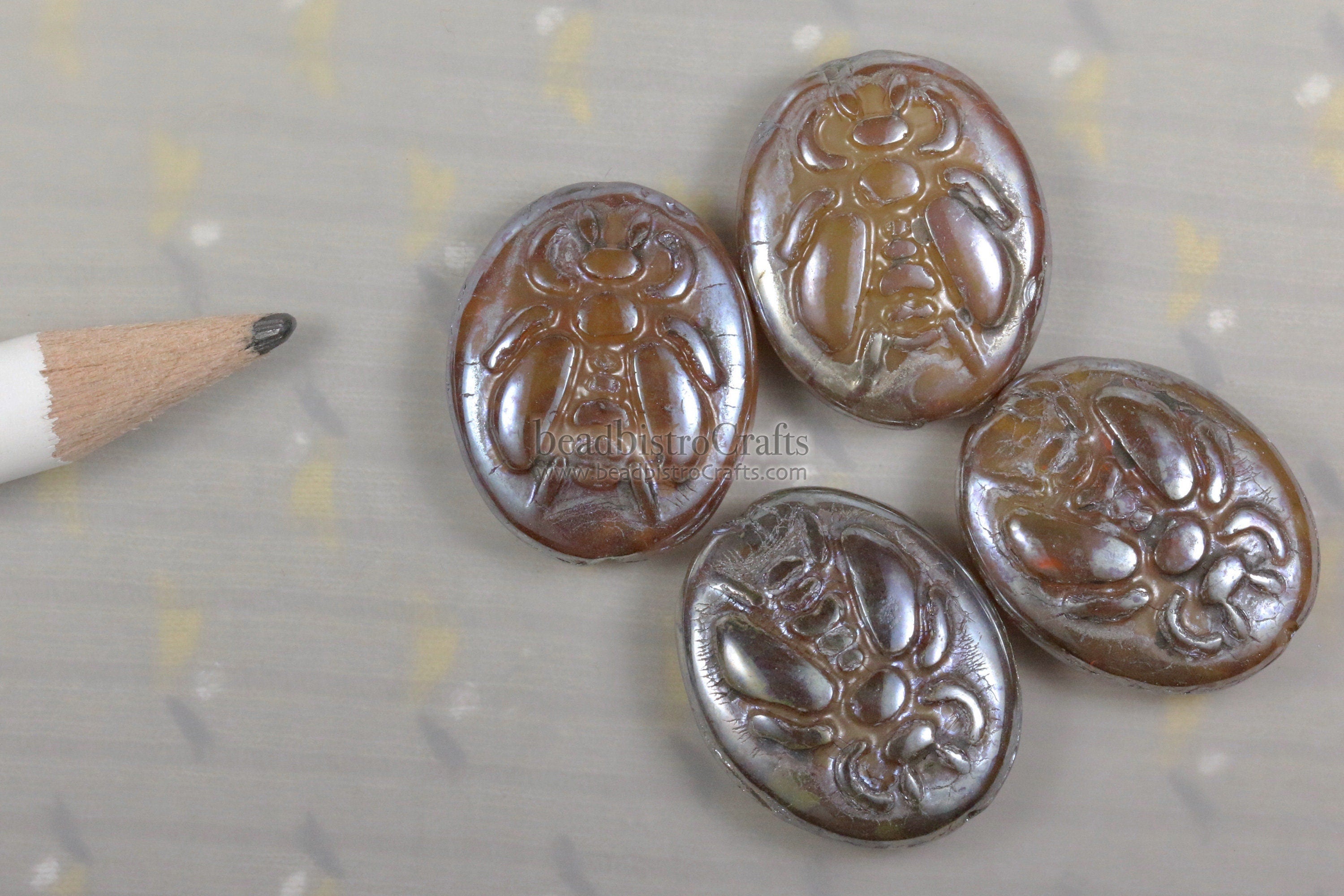 2pcs BUMBLE BEES * Czech Glass Pressed Bead - Caramel Opal SILVER Sheen Picasso - 22x17mm Puffed Oval Bee Beads