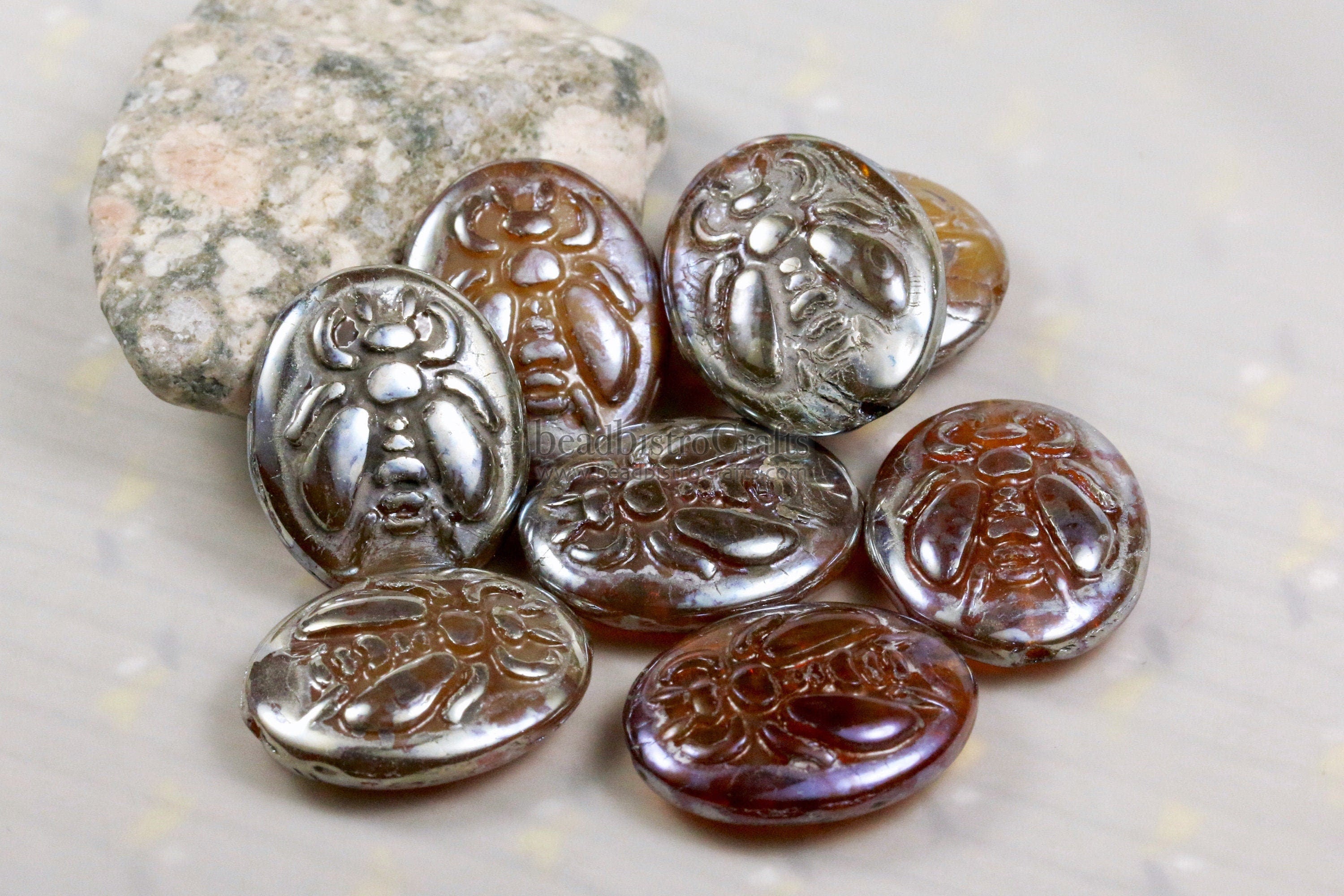 2pcs BUMBLE BEES * Czech Glass Pressed Bead - Caramel Opal SILVER Sheen Picasso - 22x17mm Puffed Oval Bee Beads