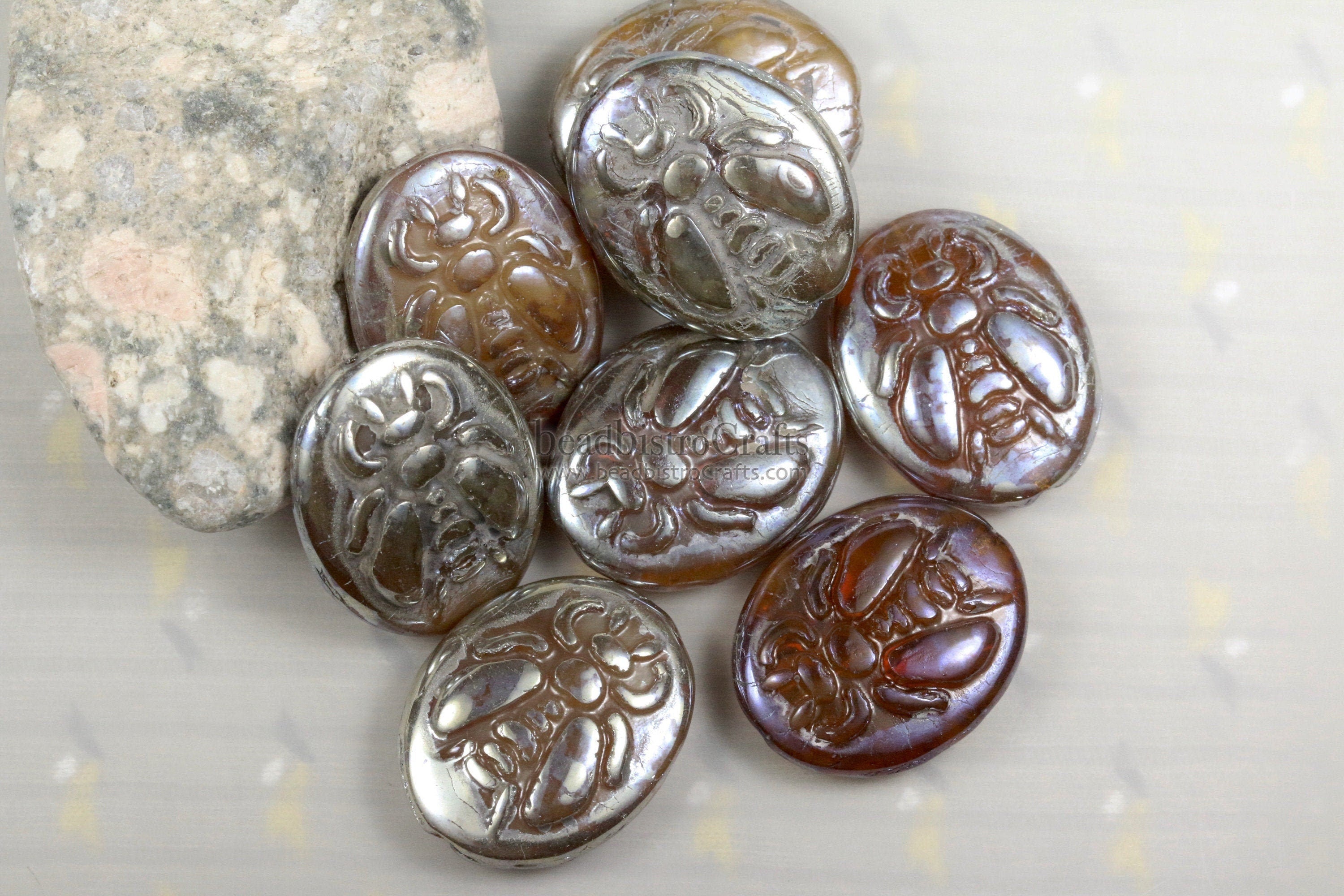 2pcs BUMBLE BEES * Czech Glass Pressed Bead - Caramel Opal SILVER Sheen Picasso - 22x17mm Puffed Oval Bee Beads