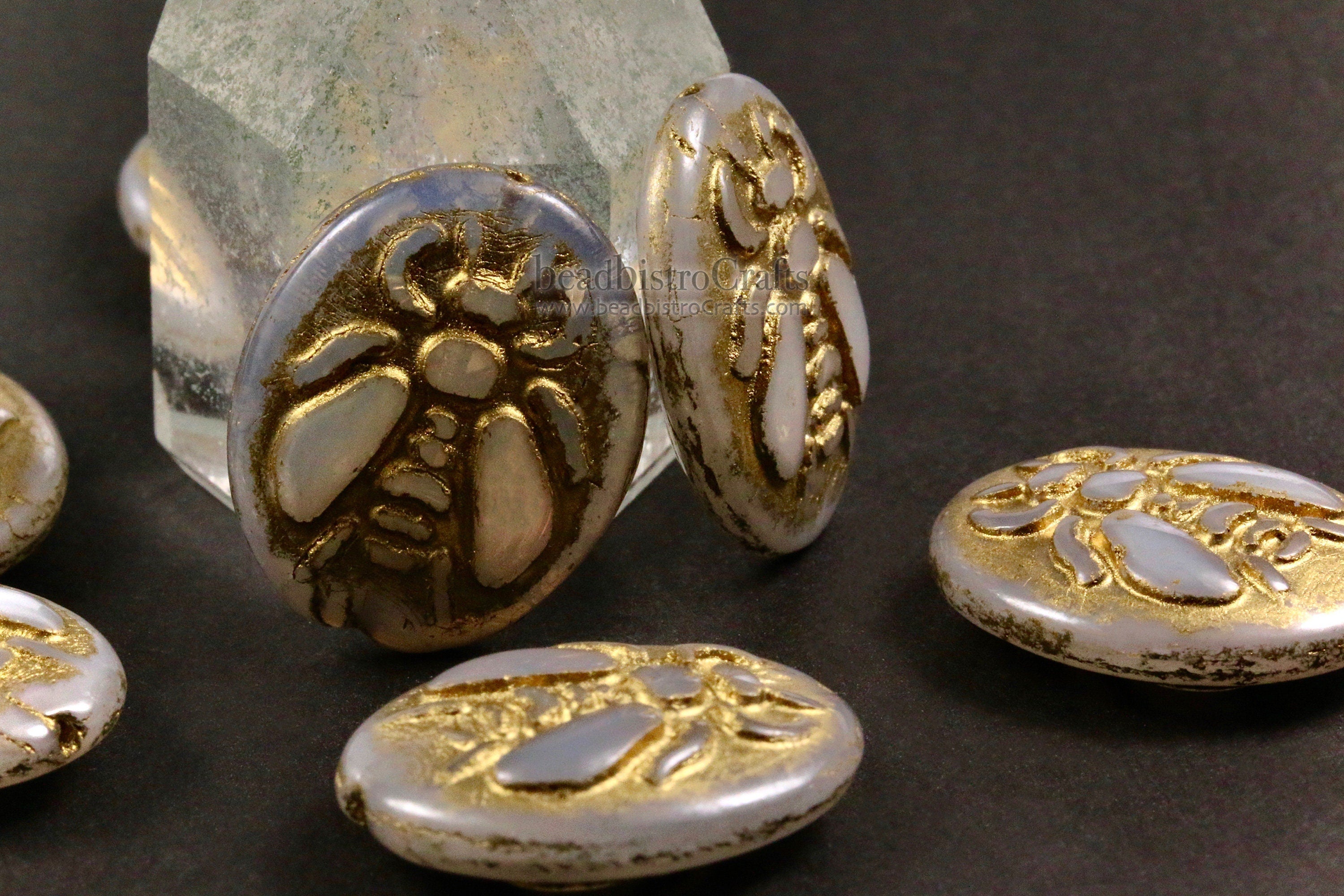 2pcs BUMBLE BEES * Czech Glass Pressed Bead - Silky Opalescent Pale Grey GOLD Wash - 22x17mm Puffed Oval Bee Beads