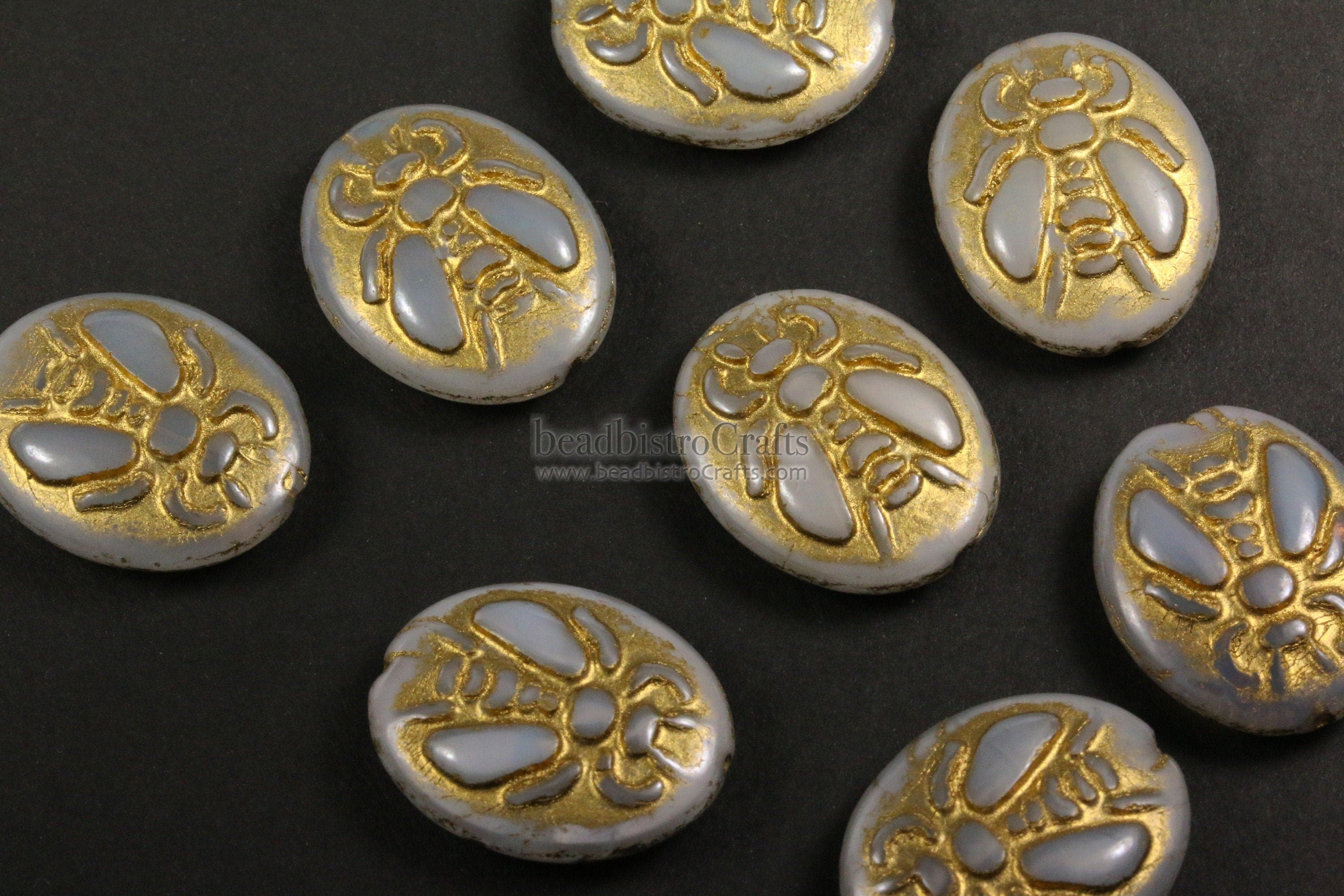 2pcs BUMBLE BEES * Czech Glass Pressed Bead - Silky Opalescent Pale Grey GOLD Wash - 22x17mm Puffed Oval Bee Beads