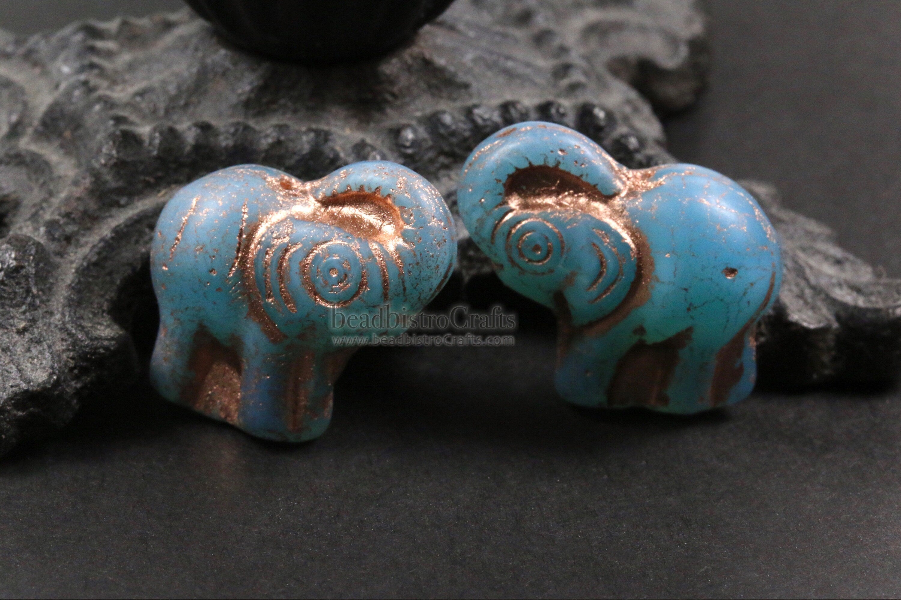 2pcs ELEPHANTS * Czech Glass Pressed Bead - Matte Milky Aqua Opal COPPER Wash - 20mm Happy Elephant Beads