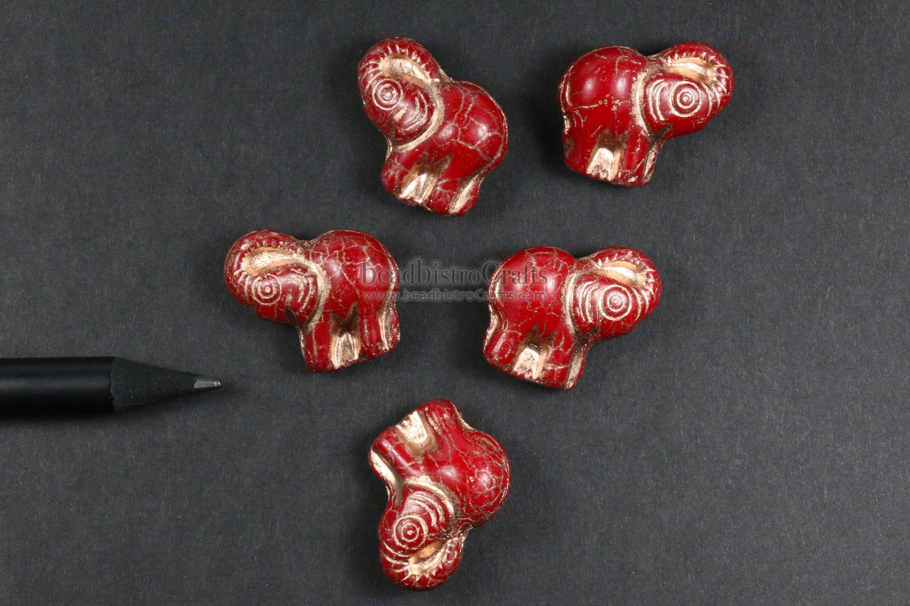 2pcs ELEPHANTS * Czech Glass Pressed Bead - Opaque CRIMSON Red COPPER Wash - 20mm Happy Elephant Beads